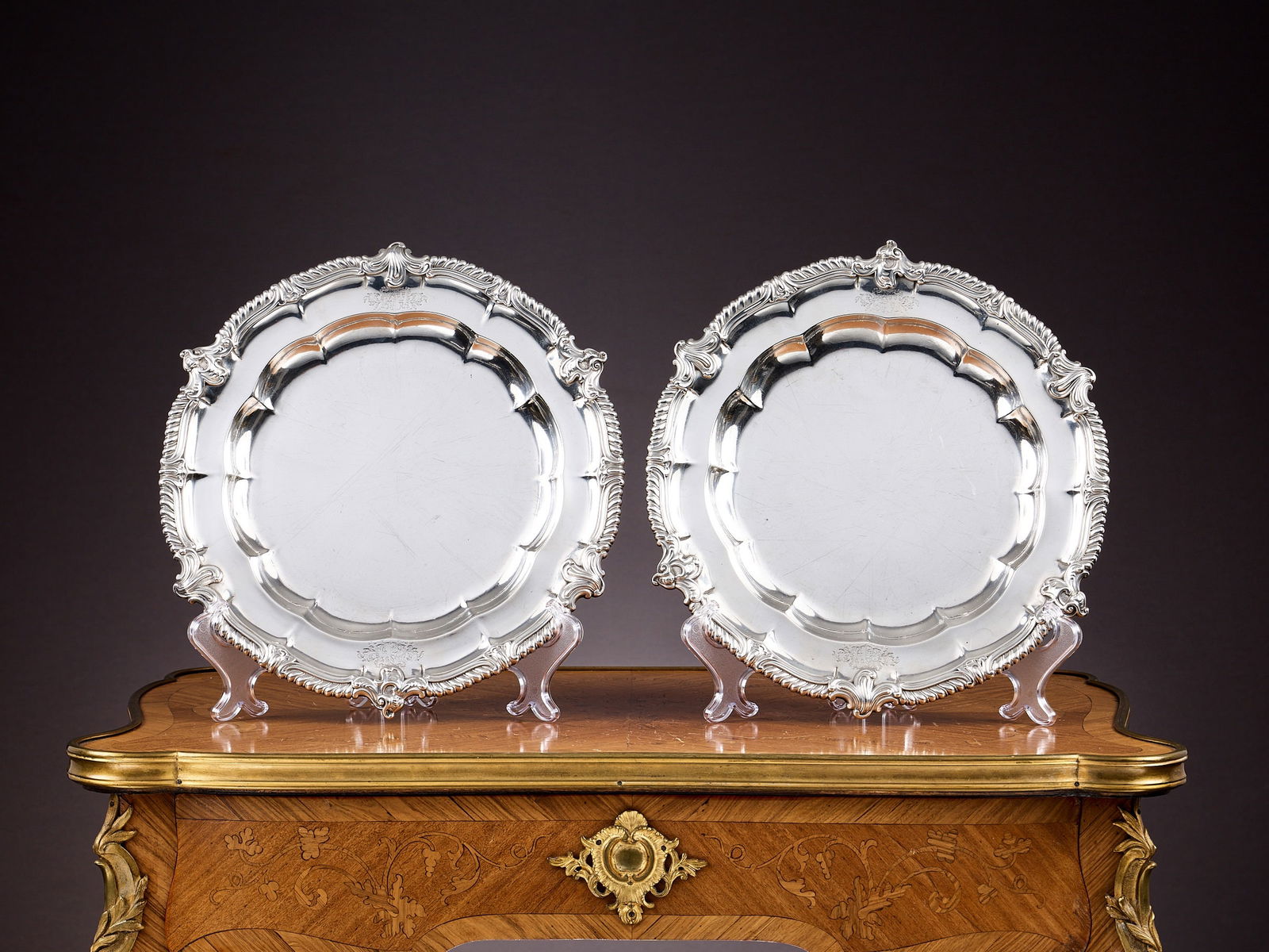 A FINE PAIR OF STERLING SILVER SECOND COURSE DISHES, C.1841: A FINE PAIR OF STERLING SILVER SECOND COURSE DISHES, C.1841 the early Victorian, mid 19th century antique silver plates of scallop edged outline, with gadrooned rims interspersed with trefoil motifs,