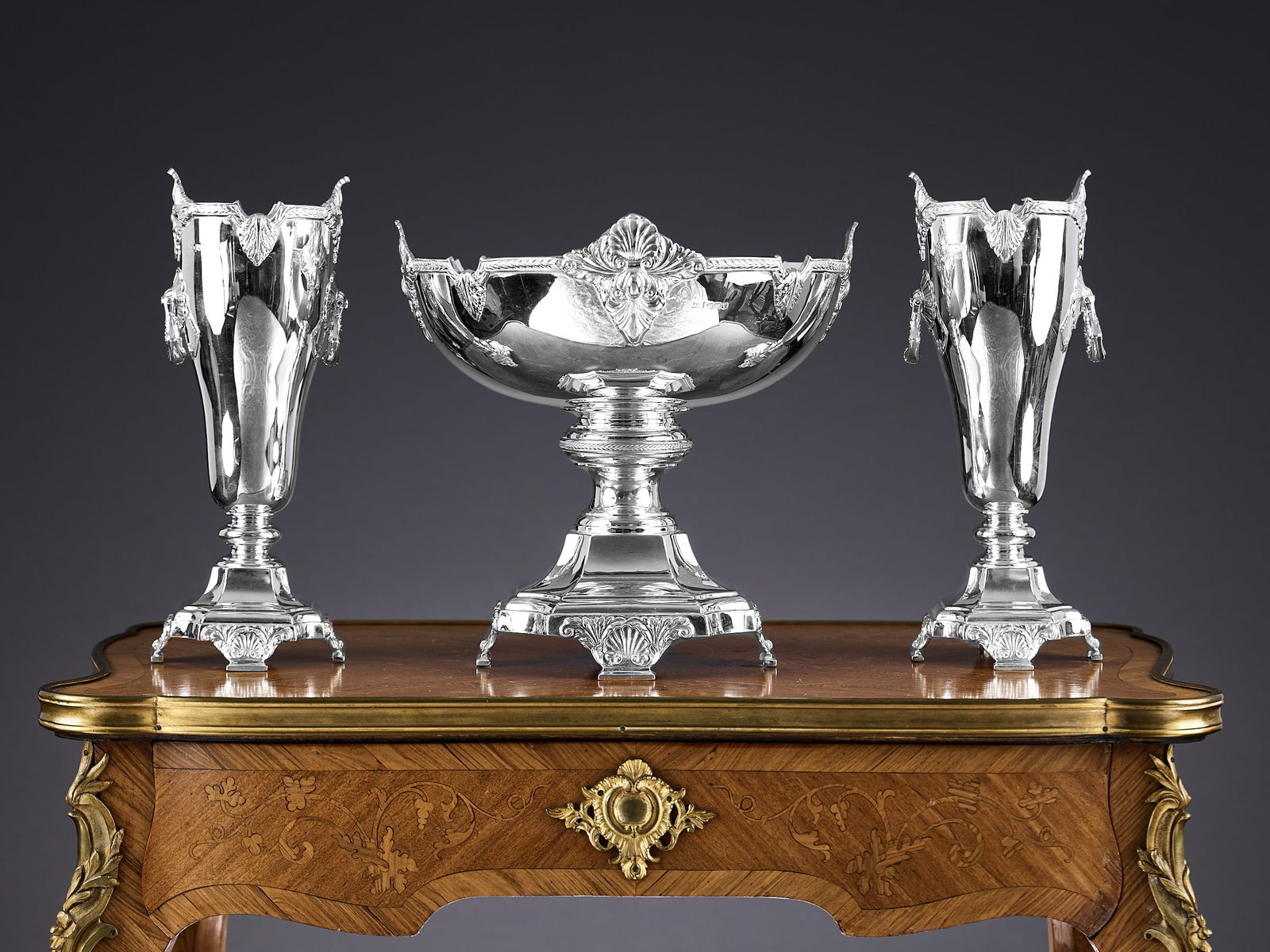 A FINE STERLING SILVER SUITE OF VASES AND BOWL, 1930'S, WALKER & HALL (1 of 1)