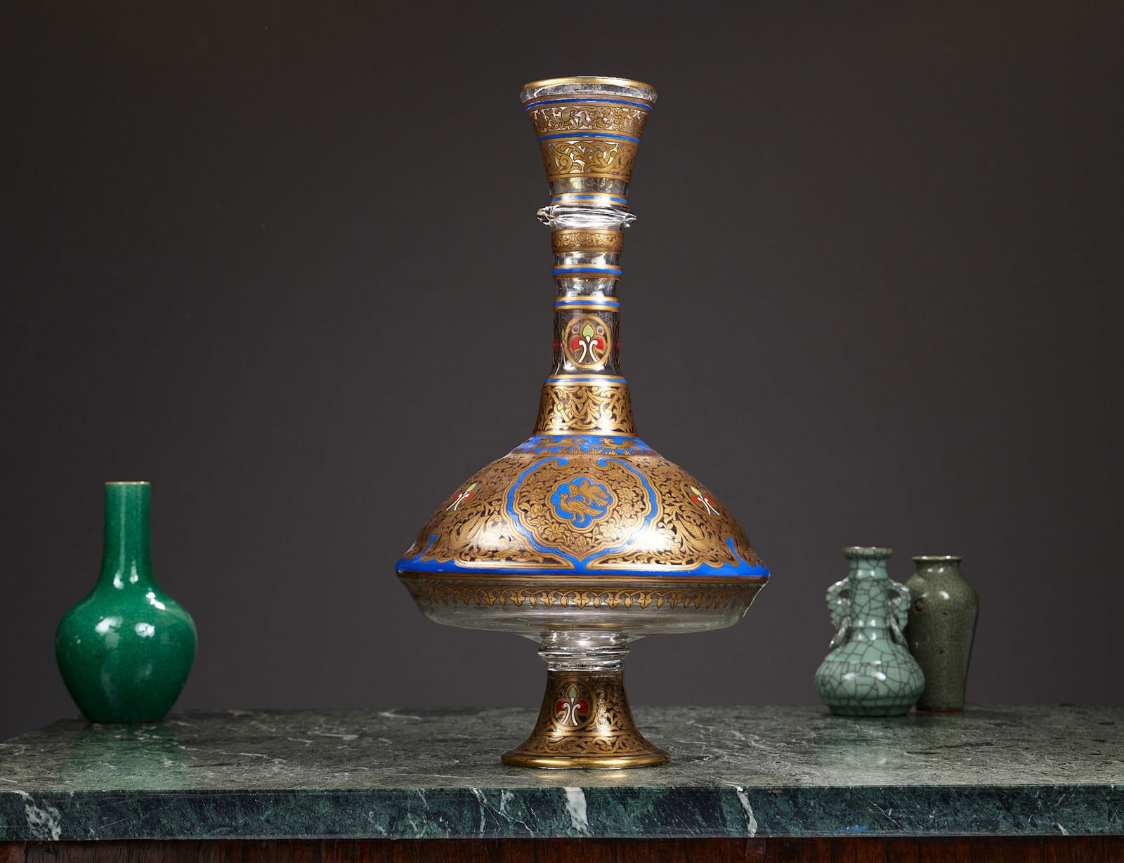 A LARGE LATE 19TH CENTURY ENAMELLED GLASS AND GILDED VASE ATTRIBUTED TO BROCARD, PARIS: A LARGE LATE 19TH CENTURY ENAMELLED GLASS AND GILDED VASE ATTRIBUTED TO BROCARD, PARIS attributed to Philippe-Joseph Brocard (1831-1896), French, Mamluk Revival, the enamelled and gilt decorated vase