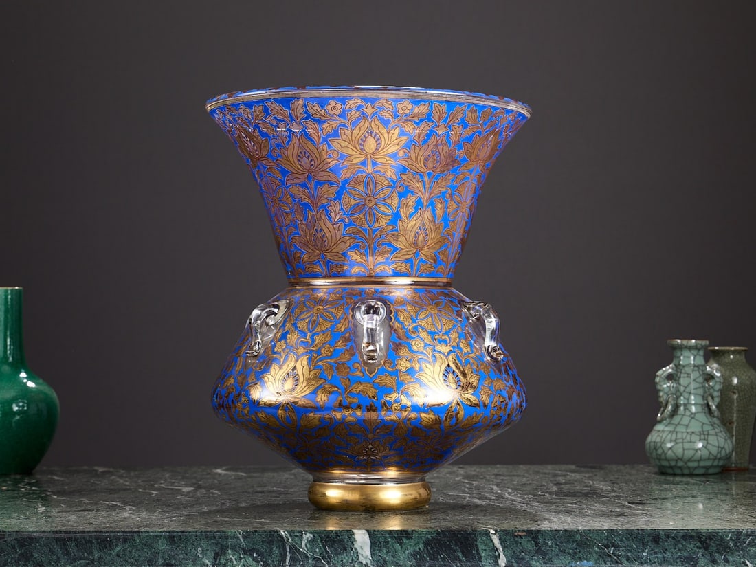 A MASSIVE LATE 19TH / 20TH CENTURY FRENCH ENAMELLED GLASS AND GILDED MOSQUE LAMP: A MASSIVE LATE 19TH / 20TH CENTURY FRENCH ENAMELLED GLASS AND GILDED MOSQUE LAMP Mamluk Revival, the enamelled and gilt decorated vase or mosque lamp with flared neck over globular body, on a circular
