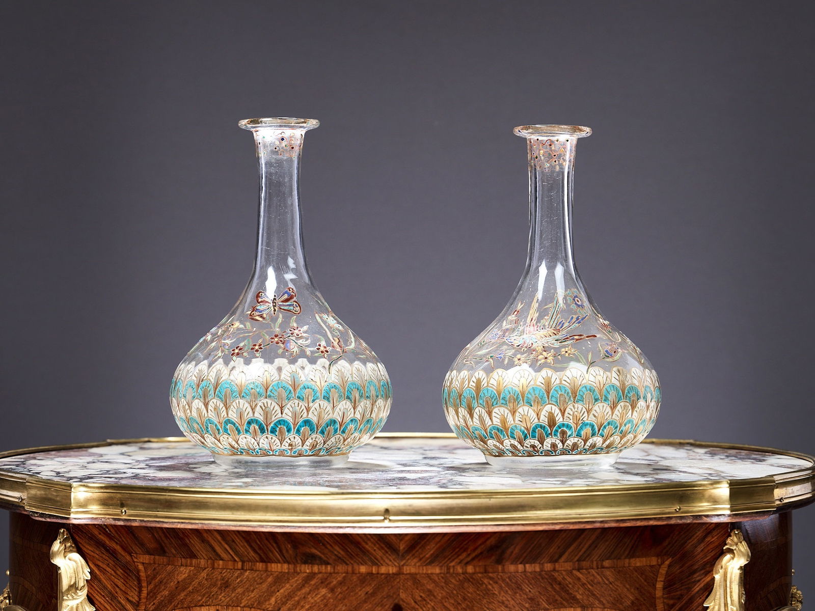 A PAIR OF LATE 19TH CENTURY ENAMELLED GLASS VASES ATTRIBUTED TO IMBERTON (1 of 1)