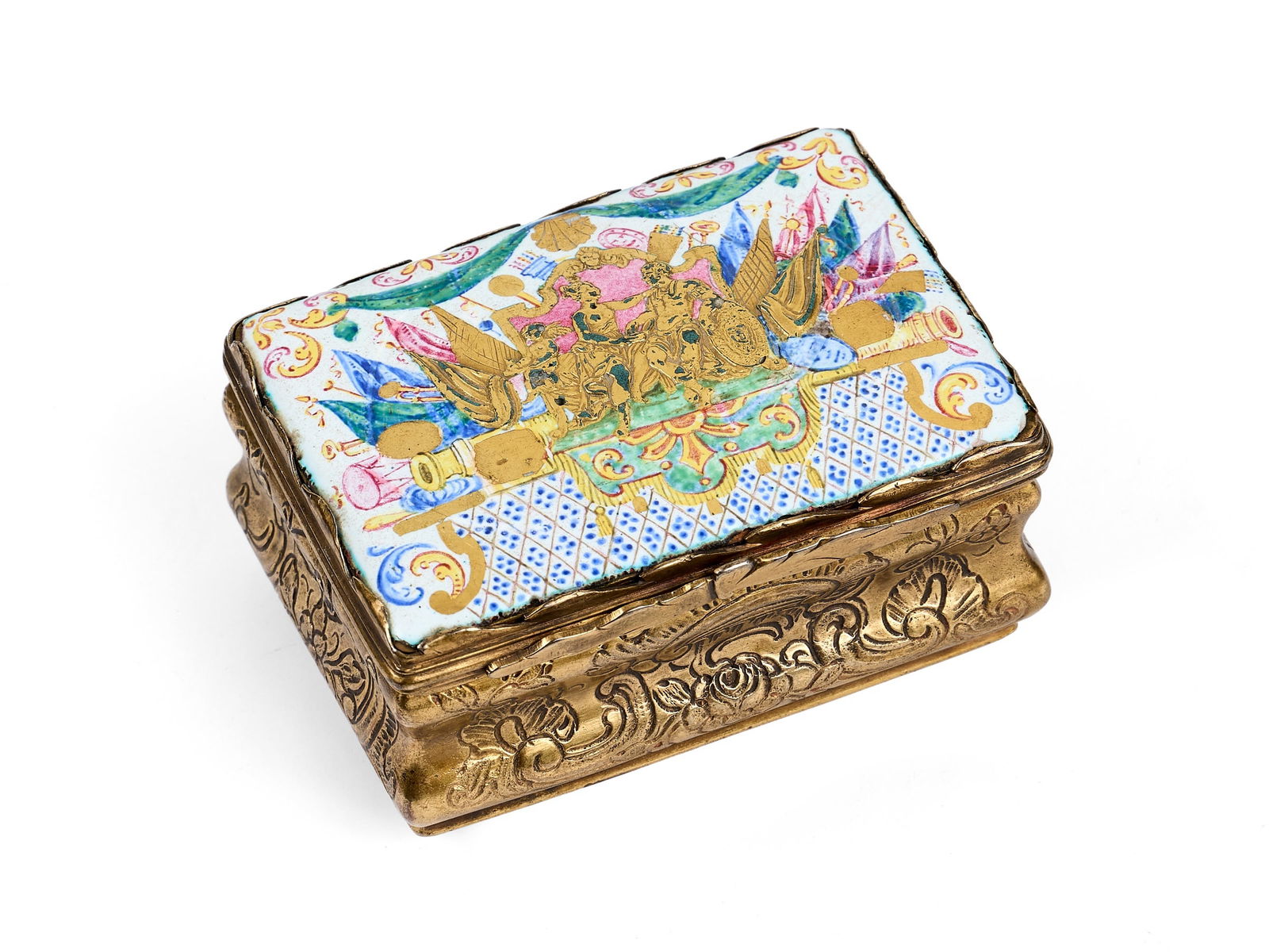 AN EARLY 18TH CENTURY GERMAN ENAMEL AND GILT METAL SNUFF BOX (1 of 1)