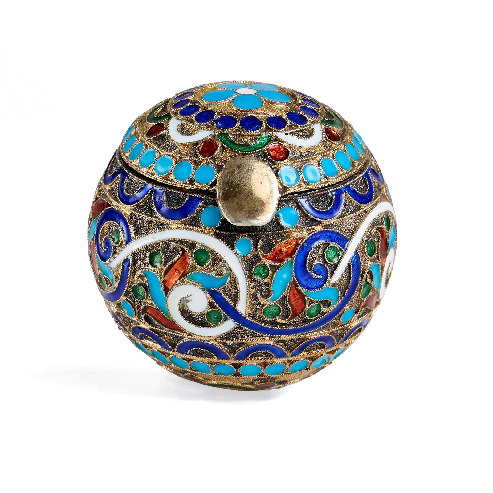AN EARLY 20TH CENTURY RUSSIAN SILVER GILT AND CLOISONNE ENAMEL SPHERICAL BOX (1 of 5)
