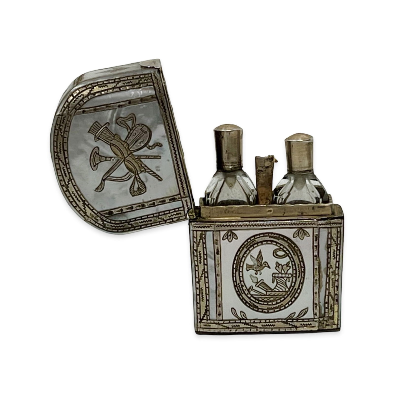 A 19TH CENTURY FRENCH PALAIS ROYAL MOTHER OF PEARL SCENT BOTTLE HOLDER (1 of 6)