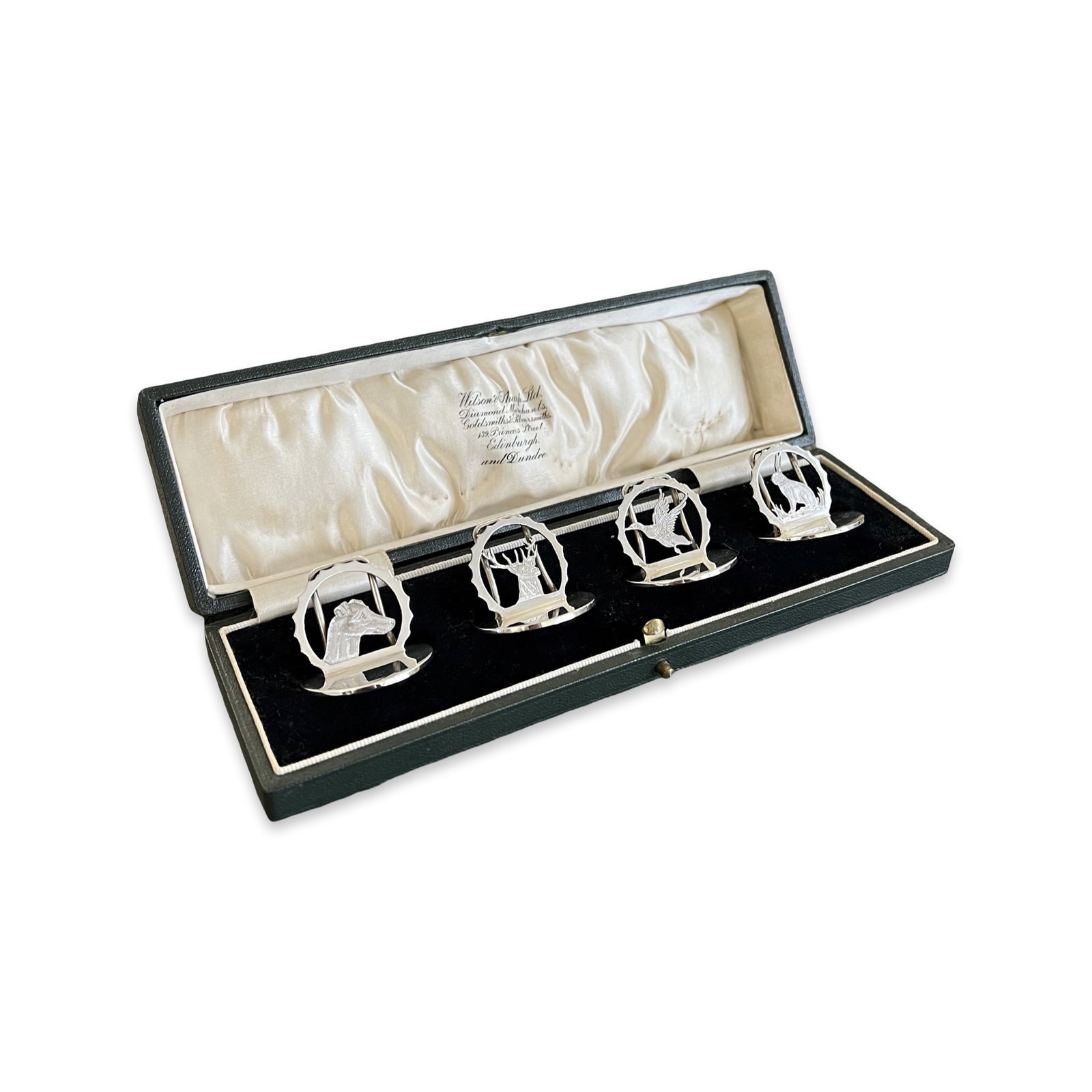 A SET OF GEORGE V STERLING SILVER MENU HOLDERS OF HUNTING THEME, CHESTER, C. 1932 (1 of 7)