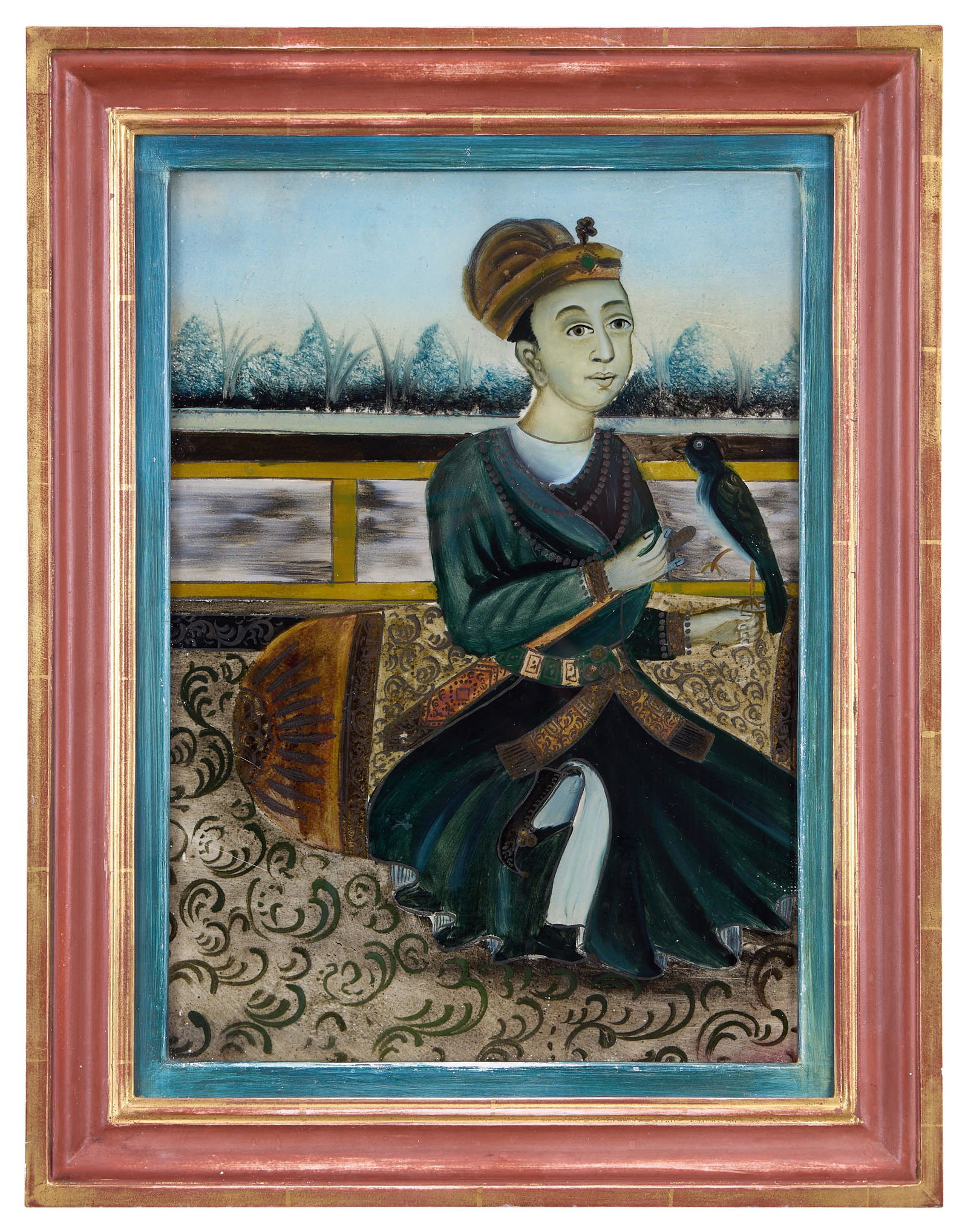 A 19TH CENTURY REVERSE GLASS PAINTING OF A PERSIAN MAN WITH SONG BIRD (1 of 1)