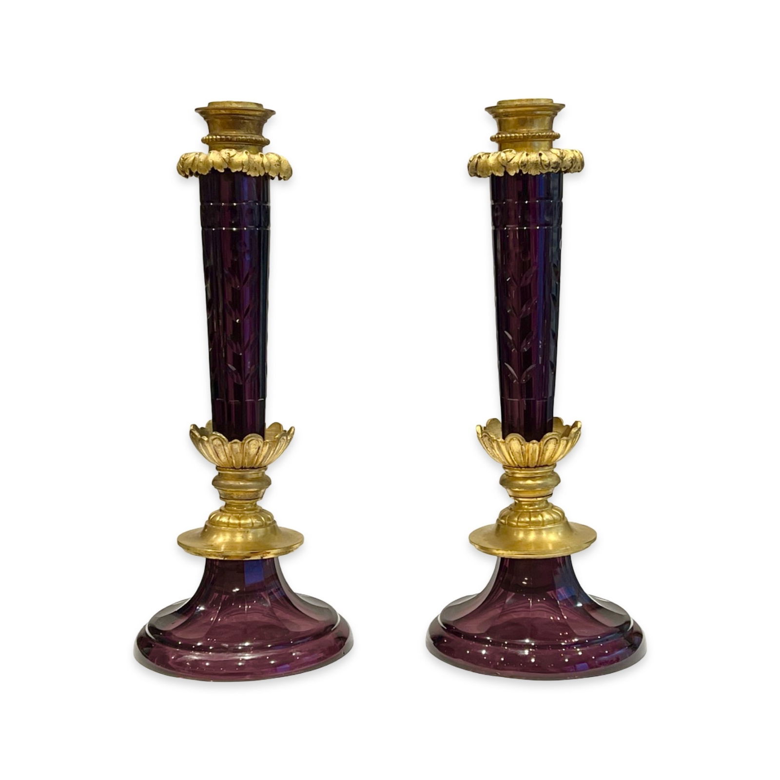 A PAIR OF 19TH / 20TH CENTURY RUSSIAN AMETHYST GLASS AND ORMOLU CANDLESTICKS (1 of 5)