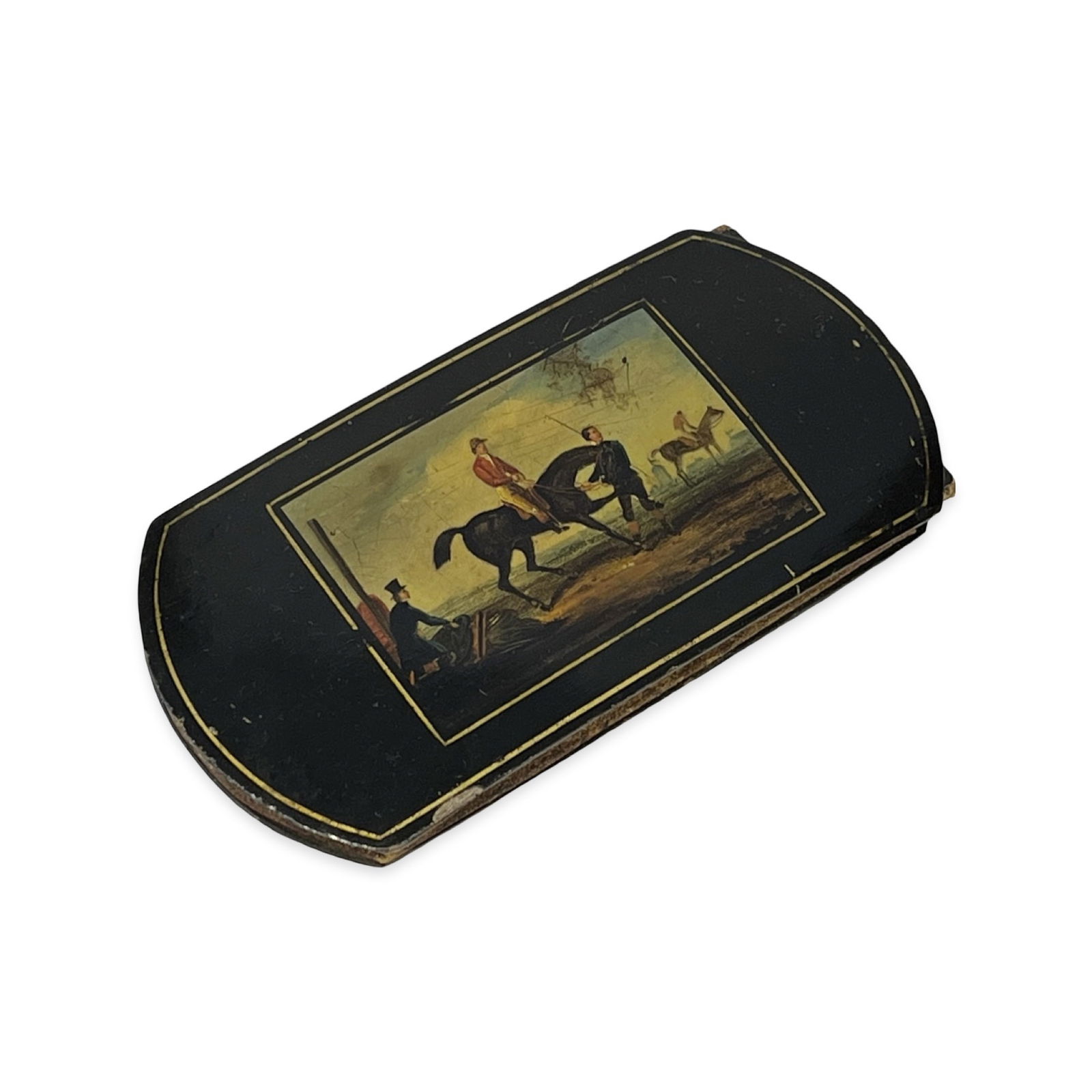 AN EARLY 19TH GERMAN STOBWASSER TYPE PAINTED LACQUER CARD CASE OF RACING THEME: AN EARLY 19TH GERMAN STOBWASSER TYPE PAINTED LACQUER CARD CASE OF RACING THEME of rectangular form with curved ends, painted with a scene of two jockeys on horses in a landscape, on a black ground, th