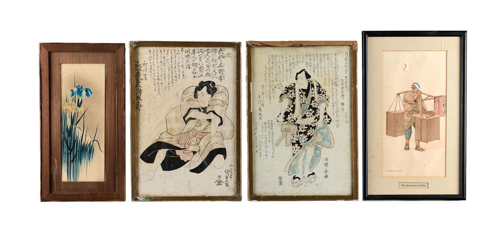 TWO JAPANESE WATERCOLOURS AND TWO PRINTS: TWO JAPANESE WATERCOLOURS AND TWO PRINTS including a watercolour of a Japanese street vendor 'The Sweetmeat Vendor', signed 'T. NAKAYAMA' framed and glazed, 43cm x 26cm overall, a watercolour of two e