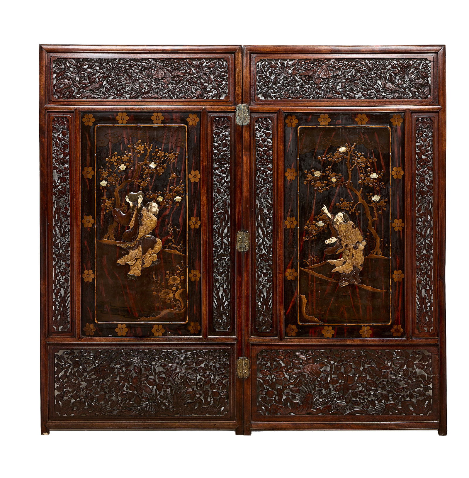 A JAPANESE MEIJI PERIOD INLAID TWO PANEL SCREEN (1 of 9)