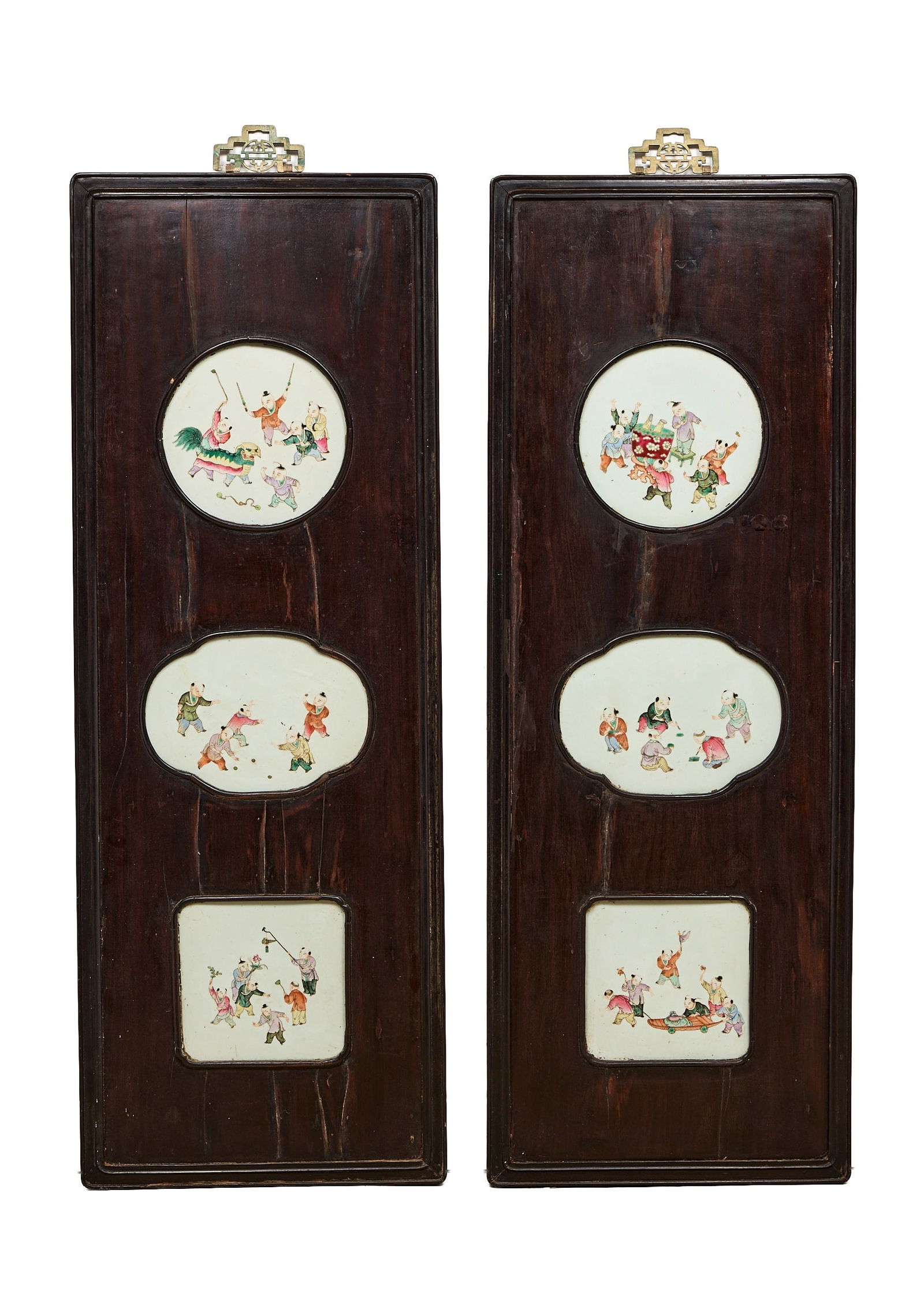 A LARGE PAIR OF CHINESE QING DYNASTY PANELS WITH PORCELAIN INSERTS (1 of 10)