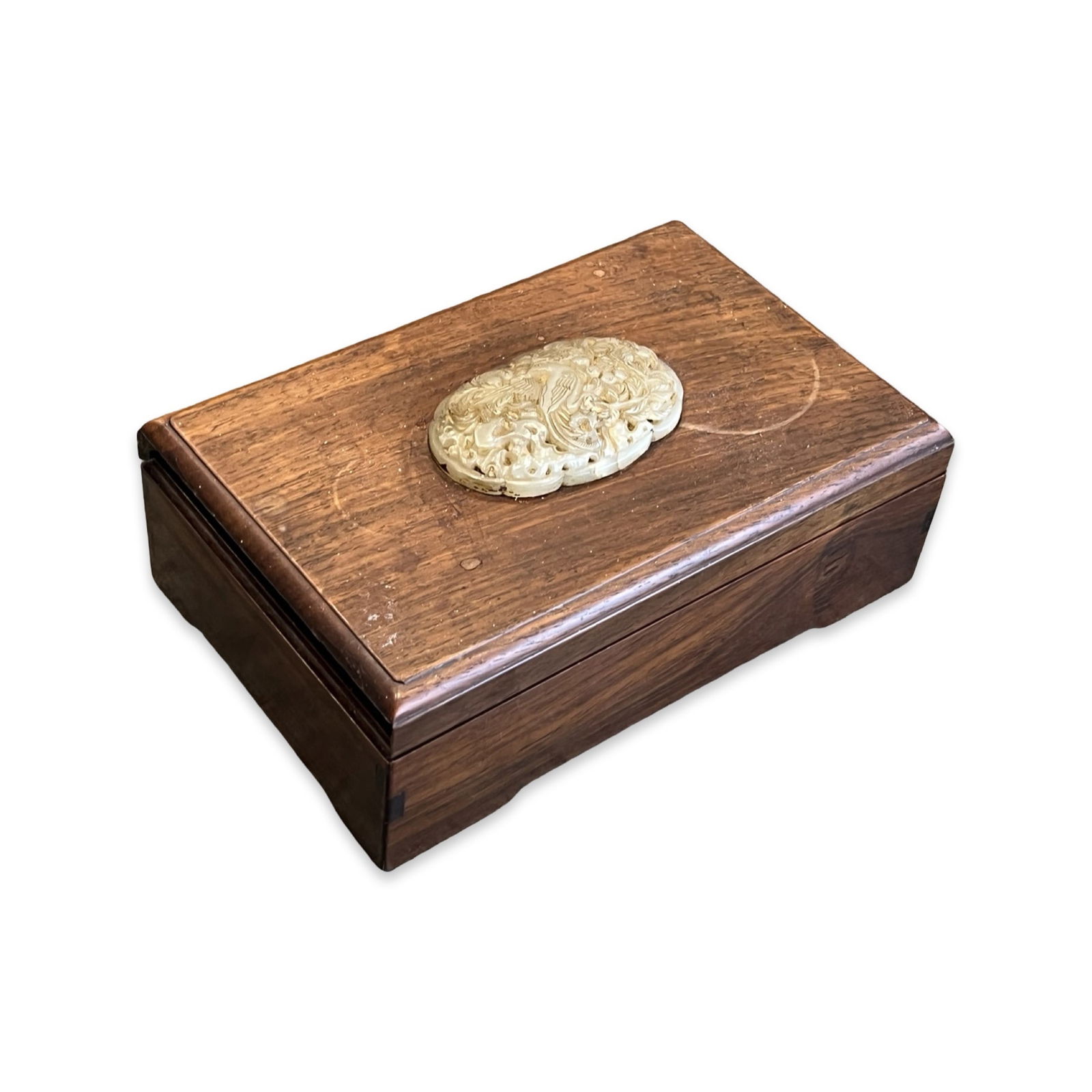 A CHINESE HARDWOOD BOX WITH APPLIED JADE RELIEF (1 of 8)