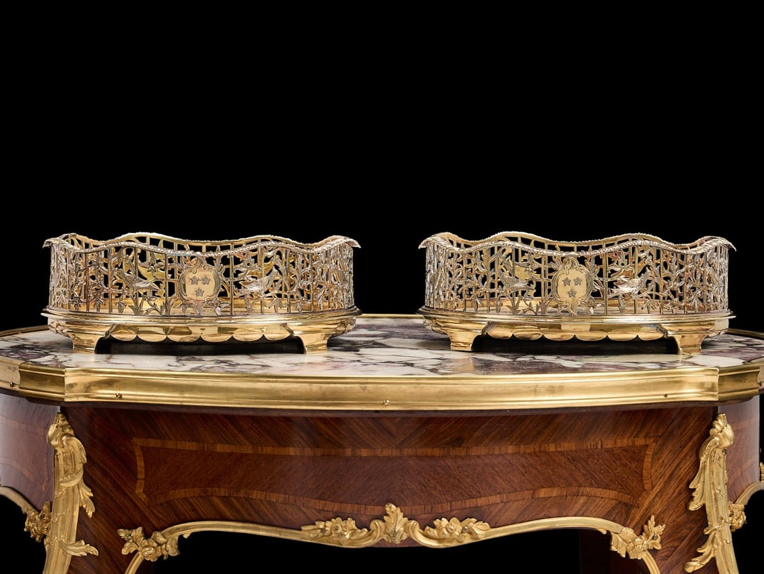 A MASSIVE PAIR OF EDWARDIAN SILVER GILT WINE / DECANTER COASTERS, LONDON, C. 1903, GEORGE FOX: A MASSIVE PAIR OF EDWARDIAN SILVER GILT WINE / DECANTER COASTERS, LONDON, C. 1903, GEORGE FOX the early 20th century antique silver gilt stands of much larger size than typical wine coasters, possibly