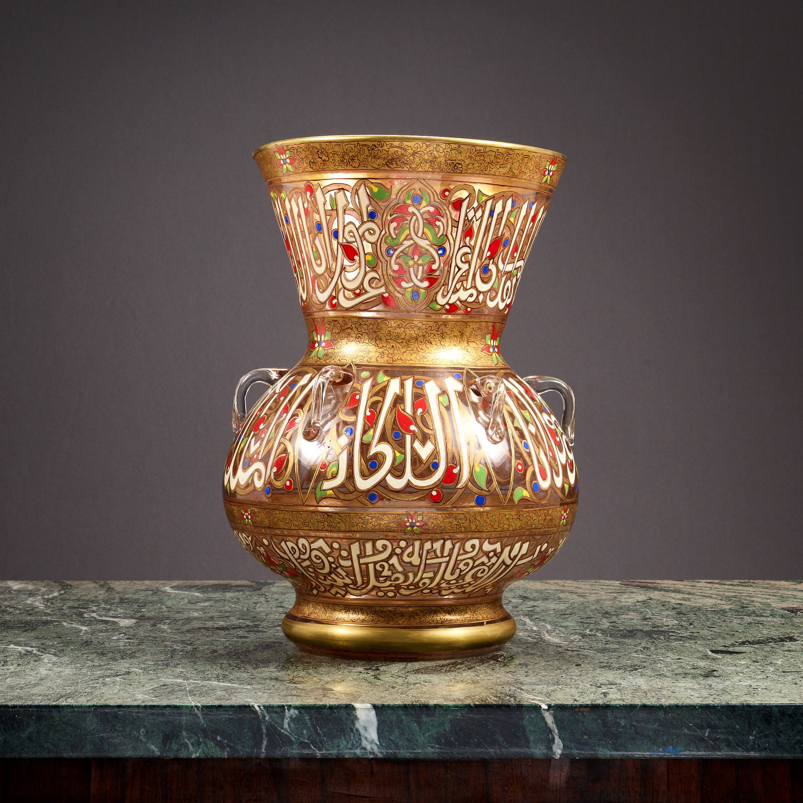 A LARGE ENAMELLED GLASS MOSQUE LAMP IN THE STYLE OF BROCARD, 20TH CENTURY: A LARGE ENAMELLED GLASS MOSQUE LAMP IN THE STYLE OF BROCARD, 20TH CENTURY style of Philippe-Joseph Brocard (1831-1896), French, unsigned, Mamluk Revival, the enamelled and gilt decorated vase or mosqu