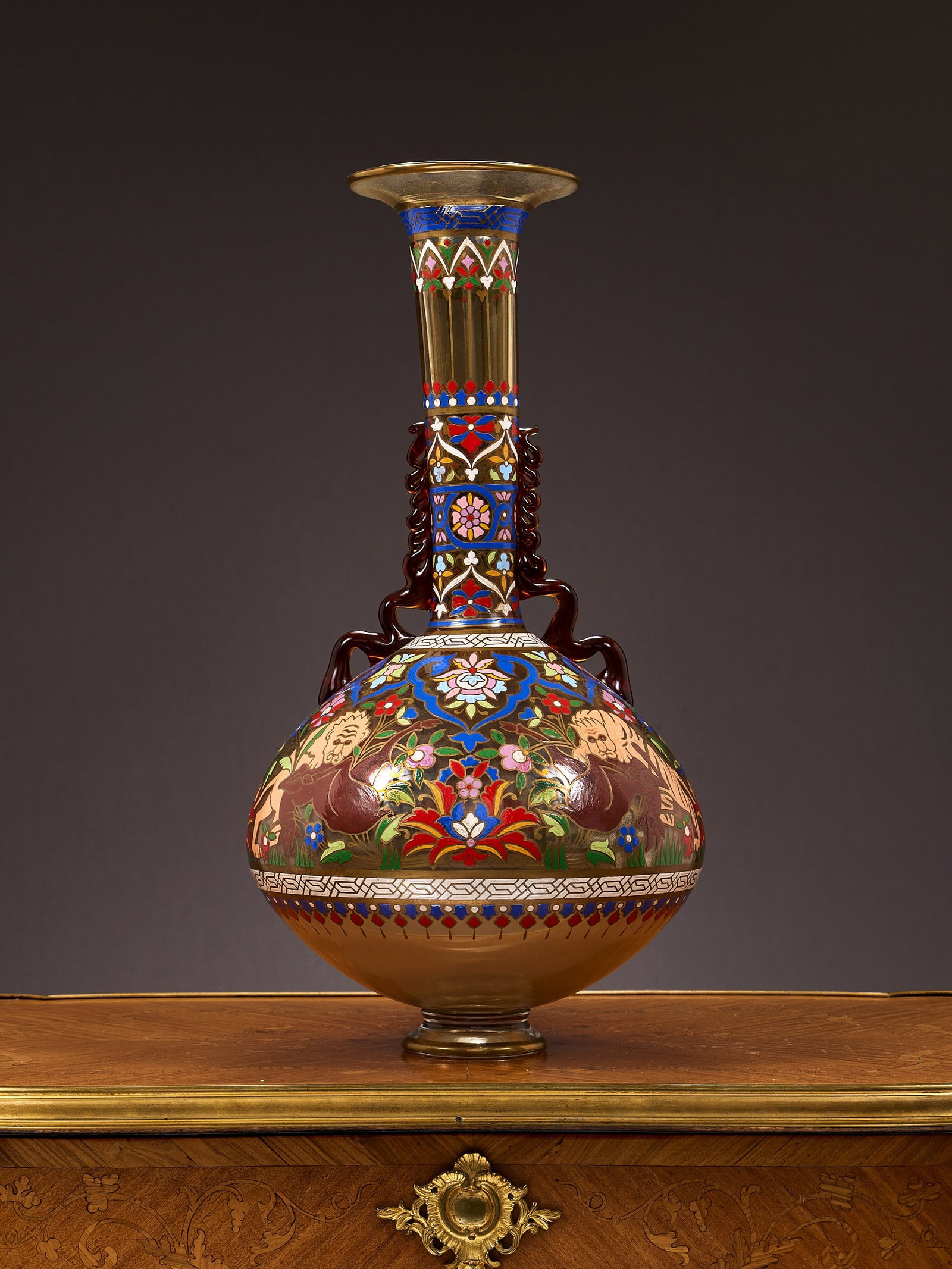 AN 'ARABIAN STYLE' ENAMELLED GLASS VASE, DESIGNED BY LOBMEYR: AN 'ARABIAN STYLE' ENAMELLED GLASS VASE, DESIGNED BY LOBMEYR in the style of J. & L. Lobmeyr, Vienna, unmarked, 20th century from the 'Arabian' series for the Middle Eastern / Islamic market in th