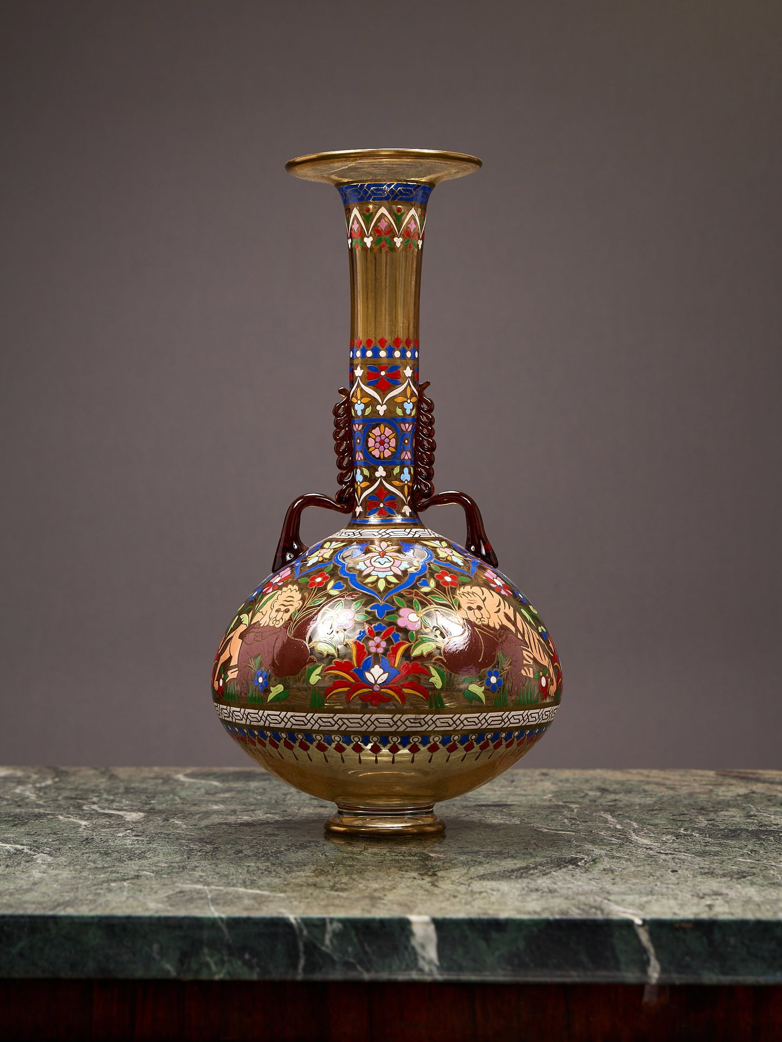 AN 'ARABIAN STYLE' ENAMELLED GLASS VASE, DESIGNED BY LOBMEYR: AN 'ARABIAN STYLE' ENAMELLED GLASS VASE, DESIGNED BY LOBMEYR in the style of J. & L. Lobmeyr, Vienna, unmarked, 20th century from the 'Arabian' series for the Middle Eastern / Islamic market in th