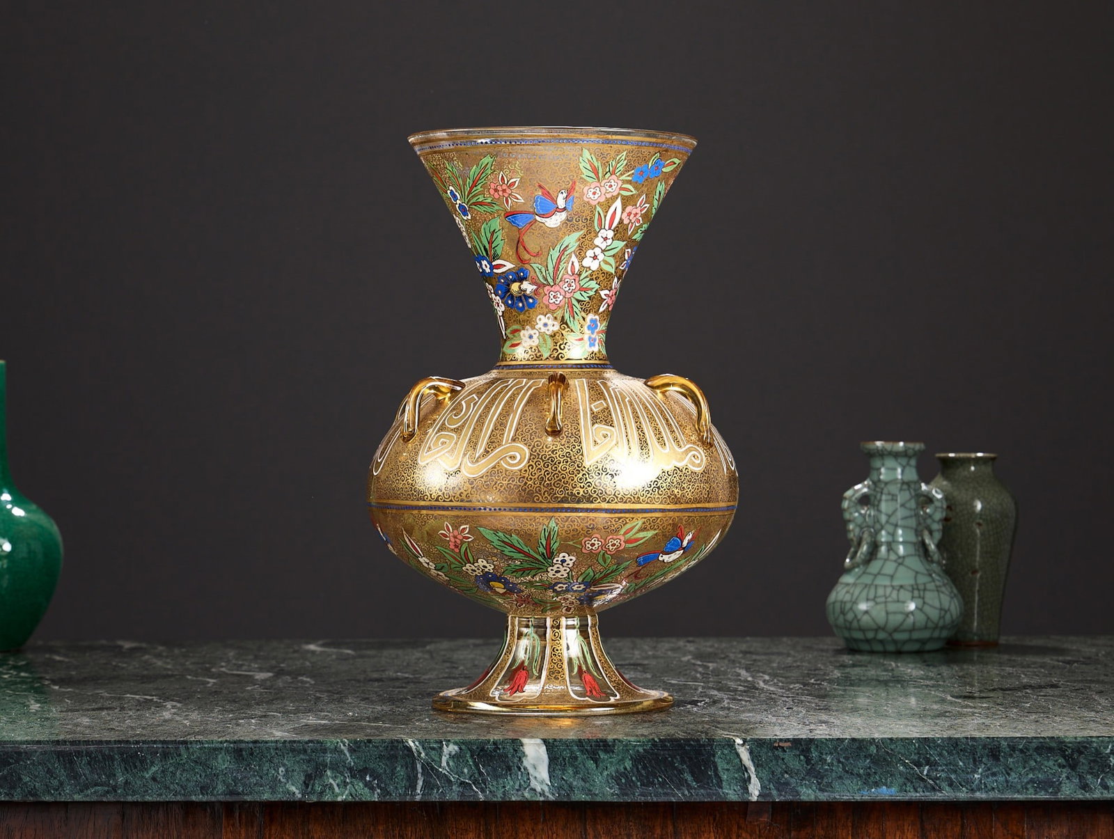 A 20TH CENTURY ENAMELLED GLASS AND GILDED MOSQUE LAMP, STYLE OF BROCARD, PARIS: A 20TH CENTURY ENAMELLED GLASS AND GILDED MOSQUE LAMP, STYLE OF BROCARD, PARIS style of Philippe-Joseph Brocard (1831-1896), French, unsigned, Mamluk Revival, the enamelled and gilt decorated vase or 