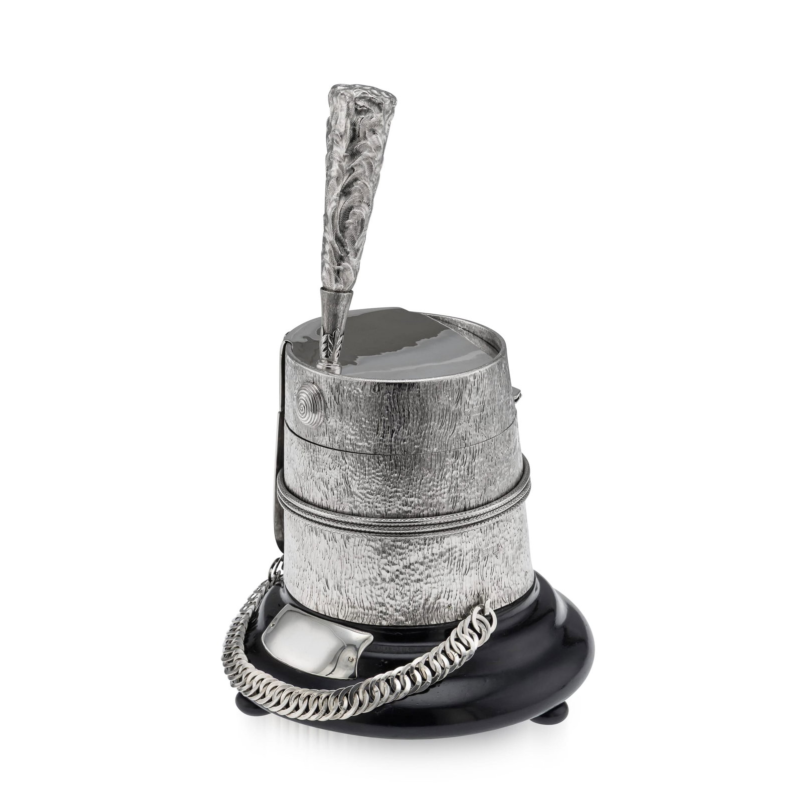 AN EDWARDIAN STERLING SILVER REGIMENTAL TABLE SNUFF MULL, LONDON, C. 1908: AN EDWARDIAN STERLING SILVER REGIMENTAL TABLE SNUFF MULL, LONDON, C. 1908 the Antique, early 20th Century English solid silver monumental regimental table snuff mull, crafted in the form of a British 