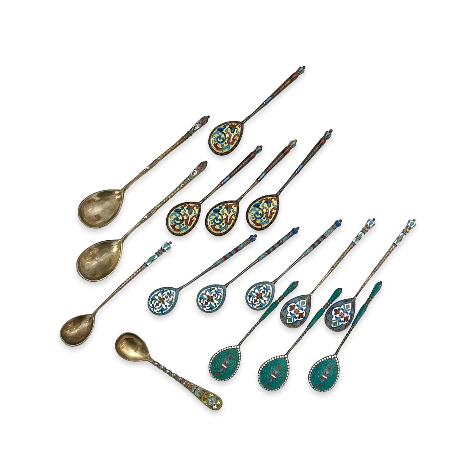 A COLLECTION OF 19TH CENTURY AND LATER ENAMELLED SPOONS: A COLLECTION OF 19TH CENTURY AND LATER ENAMELLED SPOONS comprising three Russian silver gilt coffee or teaspoons, with spirally turned stems, decorated in blue, white and green, marked 84 zolotnik, ma