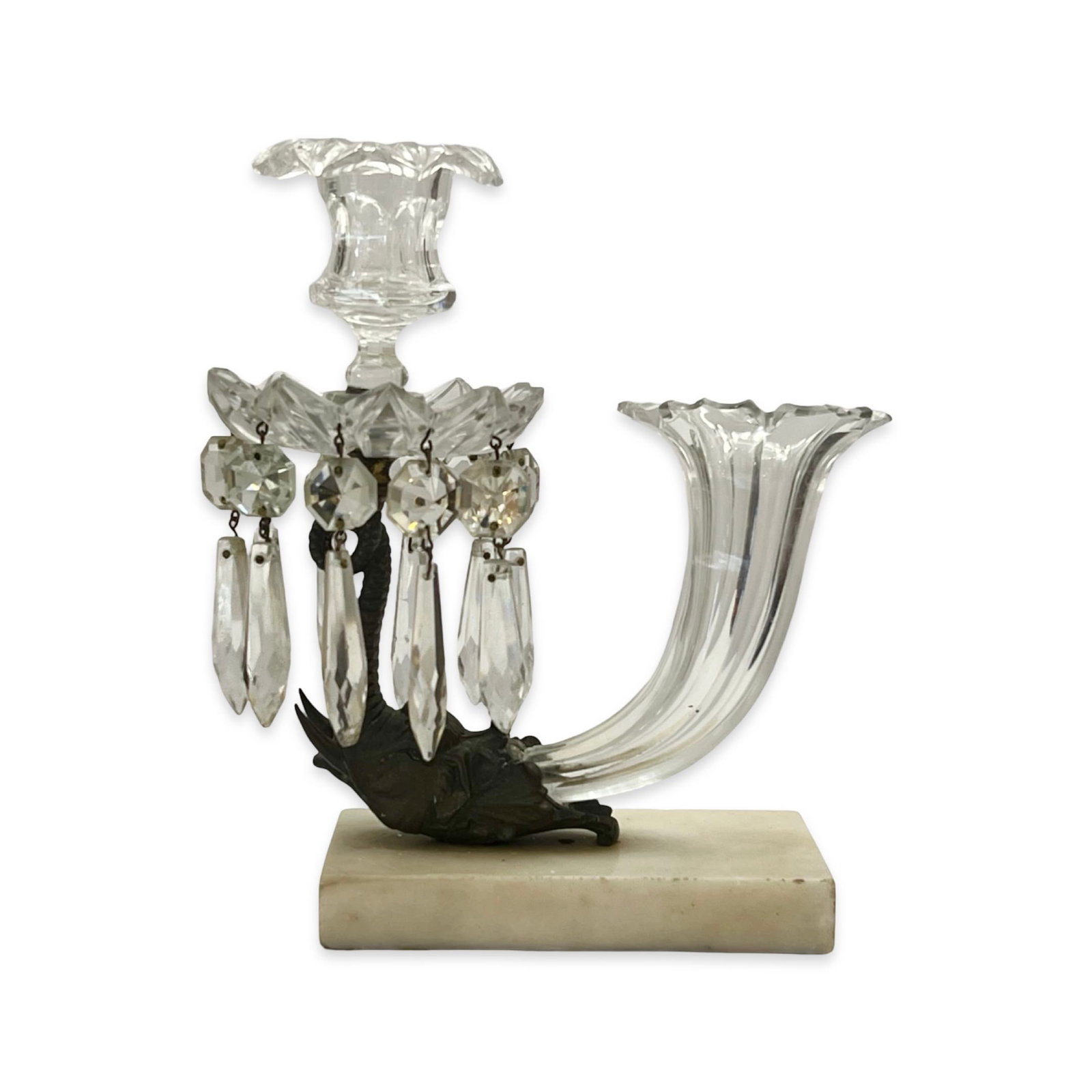 A 19TH CENTURY BRONZE AND CUT GLASS ELEPHANT LUSTRE VASE: A 19TH CENTURY BRONZE AND CUT GLASS ELEPHANT LUSTRE VASE Regency style, the bronze stem modelled as the head of an elephant, a trumpet shaped cut glass vase issuing from the base of his head, a candle