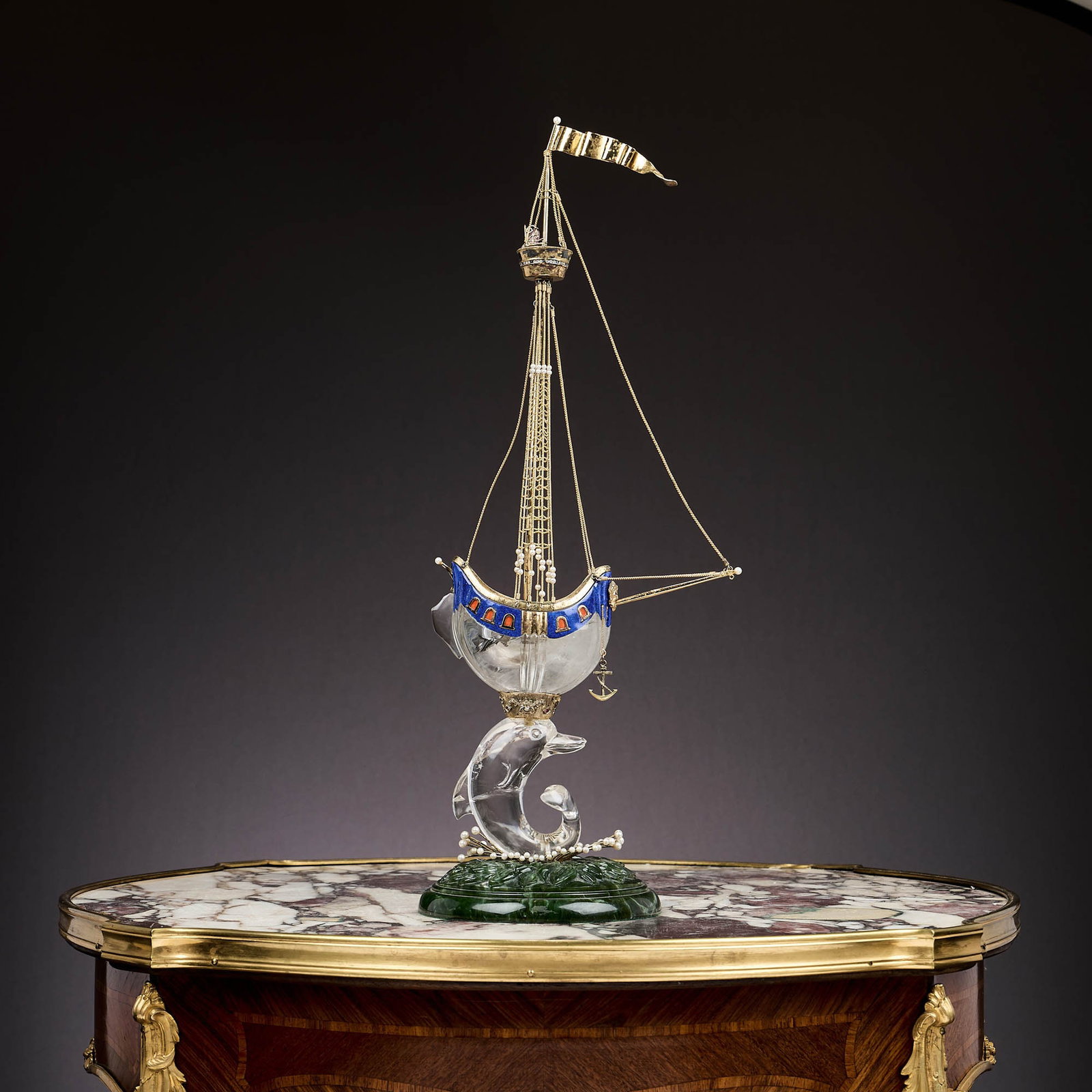 A FINE ROCK CRYSTAL, LAPIS LAZULI, PEARL AND GEM SET NEF (1 of 7)