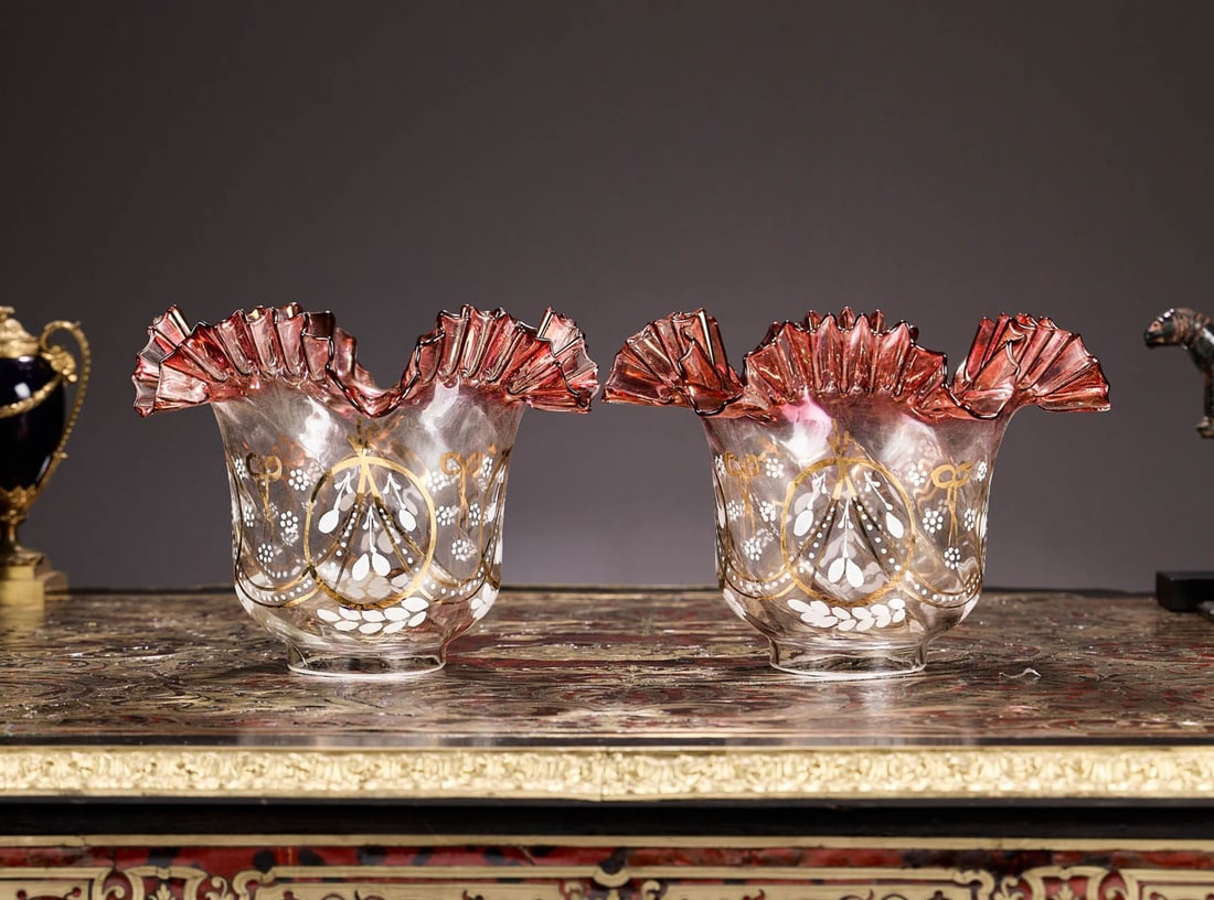 A PAIR OF BOHEMIAN GLASS SHADES FOR THE PERSIAN MARKET: A PAIR OF BOHEMIAN GLASS SHADES FOR THE PERSIAN MARKET the lamp shades with pink lustre finish to the pleated edges, with gilt decoration and white foliate design, 19cm high (2)