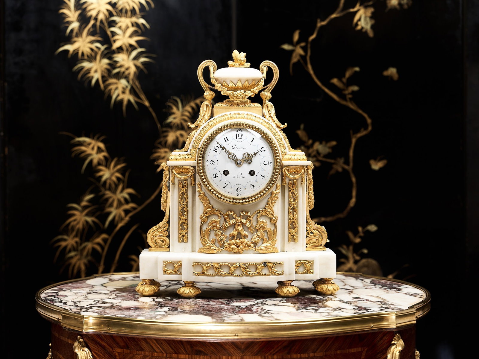 A FINE LATE 19TH CENTURY FRENCH GILT BRONZE AND WHITE MARBLE CLOCK, DENIERE, PARIS (1 of 14)