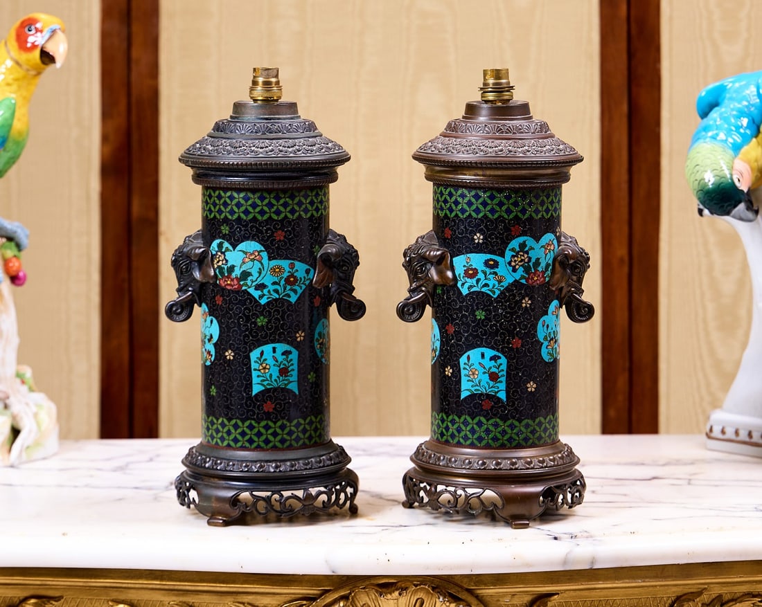 A PAIR OF MEIJI PERIOD JAPANESE CLOISONN? VASES MOUNTED AS LAMPS C. 1880: A PAIR OF MEIJI PERIOD JAPANESE CLOISONN? VASES MOUNTED AS LAMPS C. 1880 eac