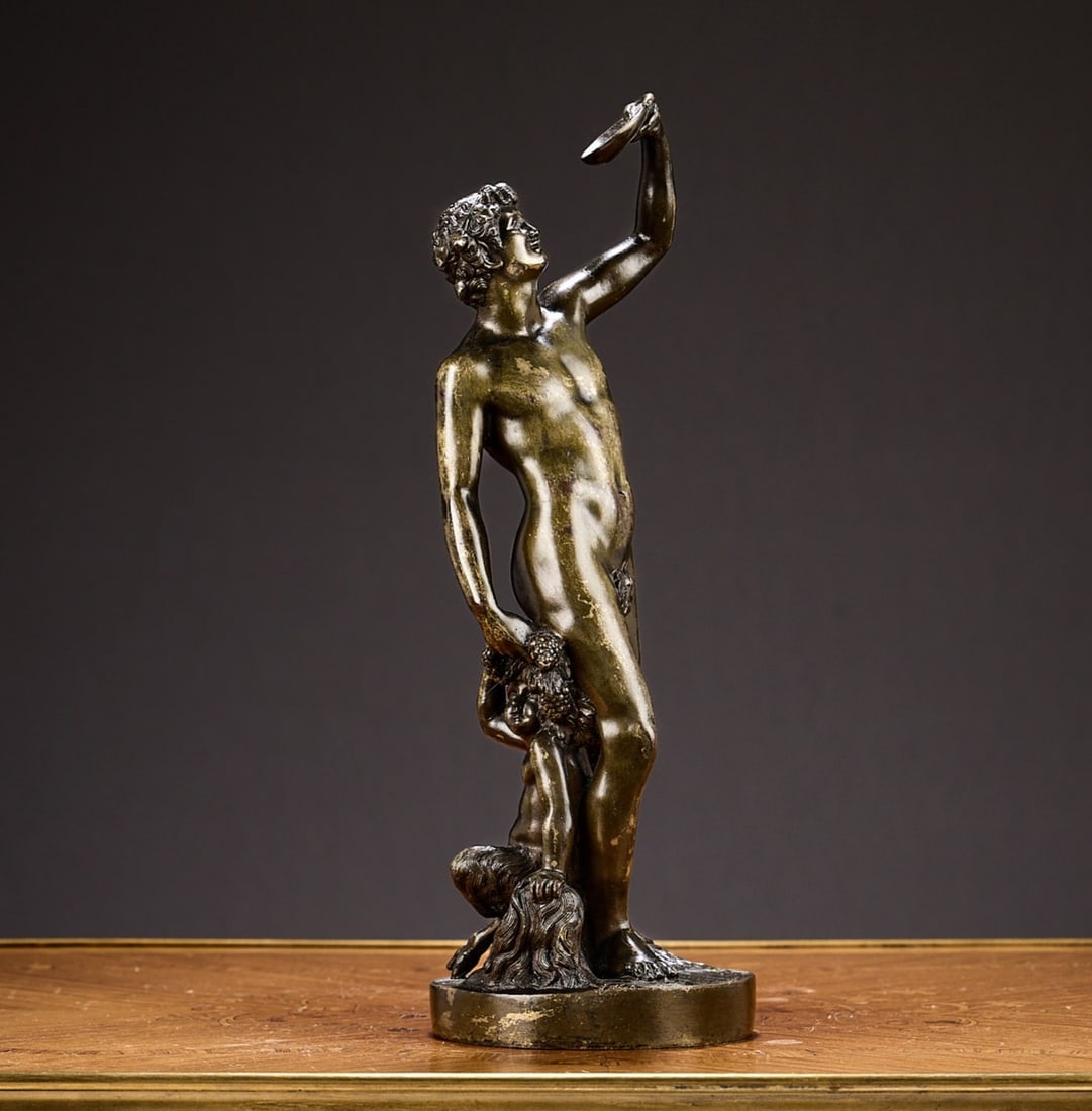 A 19TH CENTURY FRENCH BRONZE FIGURE OF DIONYSUS WITH A FAUN (1 of 8)
