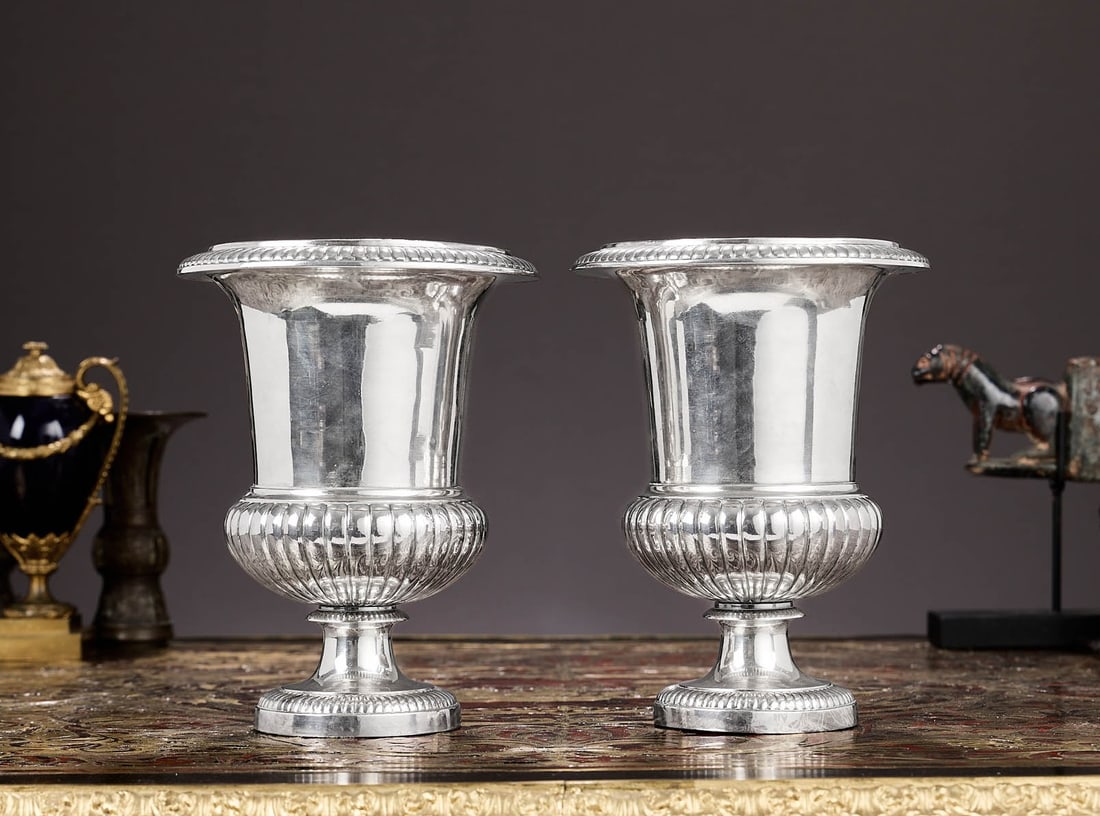 A PAIR OF LATE 18TH / EARLY 19TH CENTURY FRENCH SILVER PLATED WINE COOLERS (1 of 2)