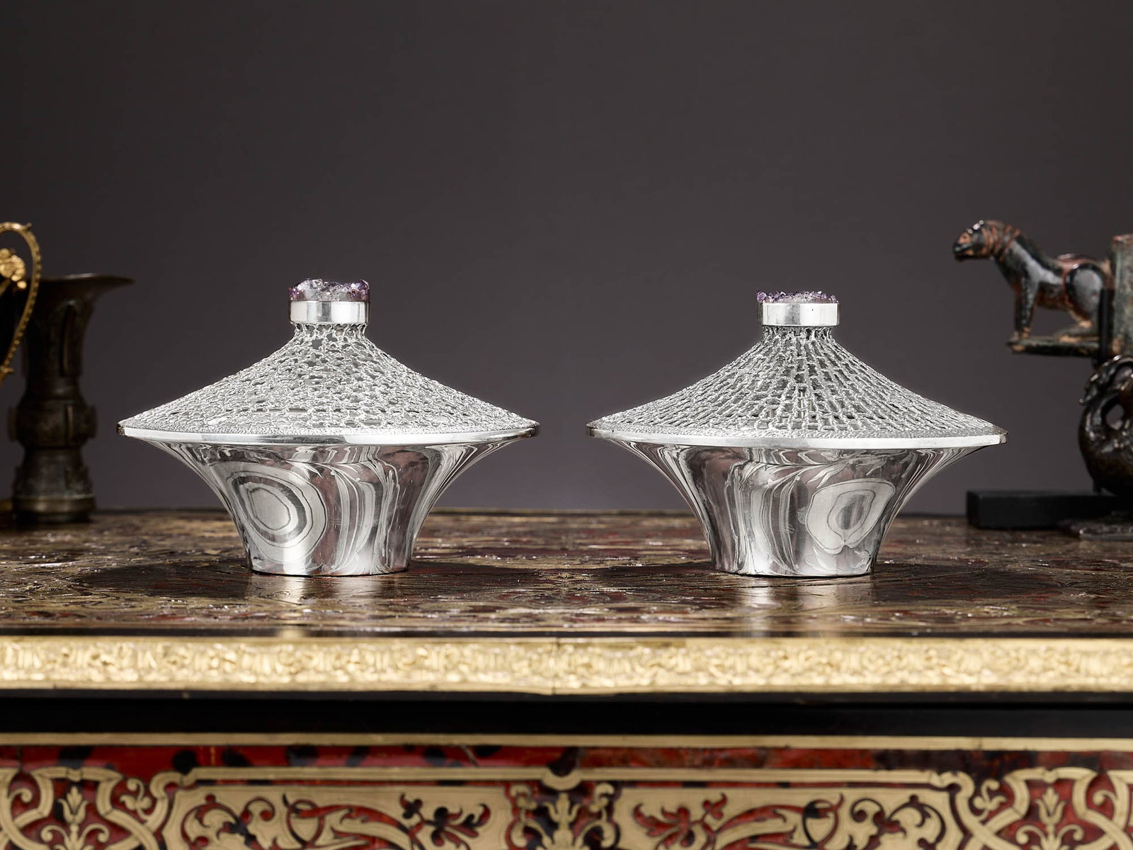 STUART DEVLIN: A PAIR OF SILVER, SILVER GILT AND AMETHYST CENTREPIECES, 1977 & 1978 (1 of 1)