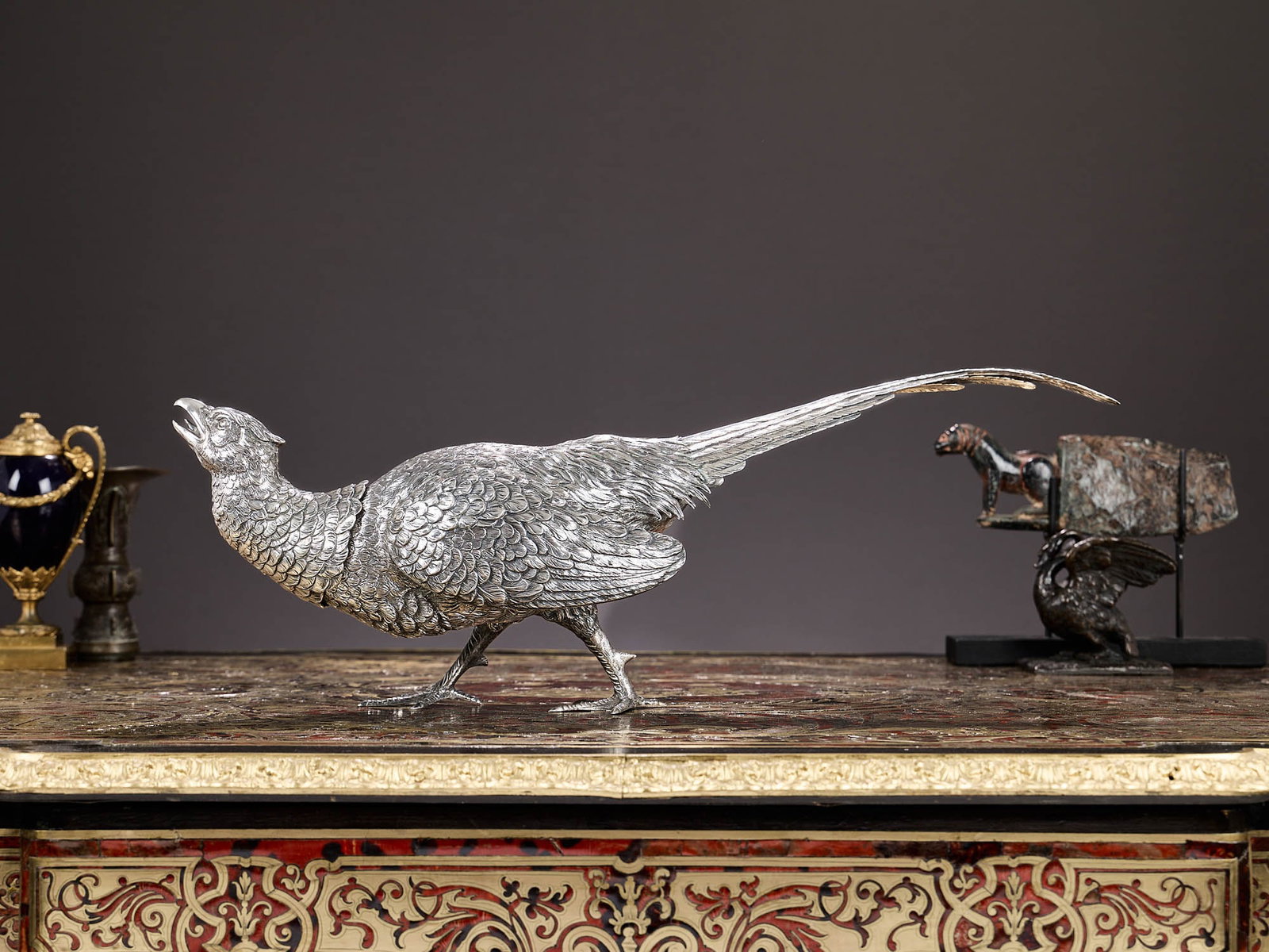 A VERY LARGE ANTIQUE SILVER MODEL OF A PHEASANT (1 of 1)