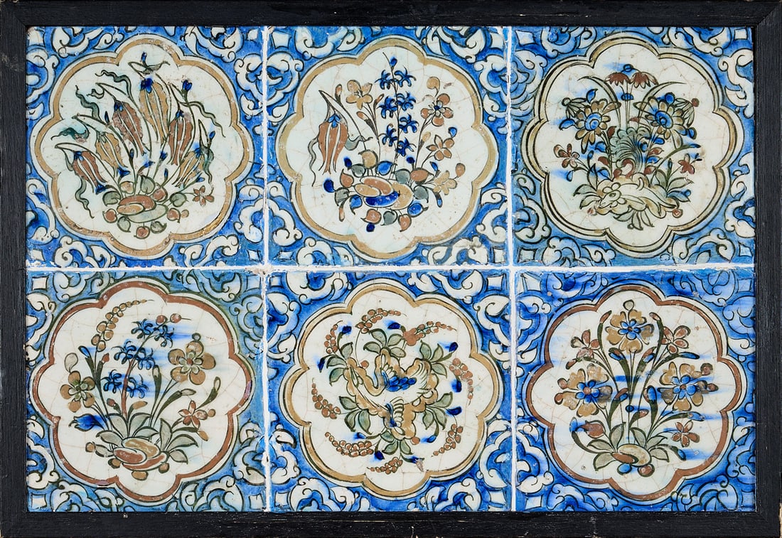 A SET OF SIX PERSIAN KUBACHI POTTERY TILES, PROBABLY 17TH CENTURY (1 of 5)