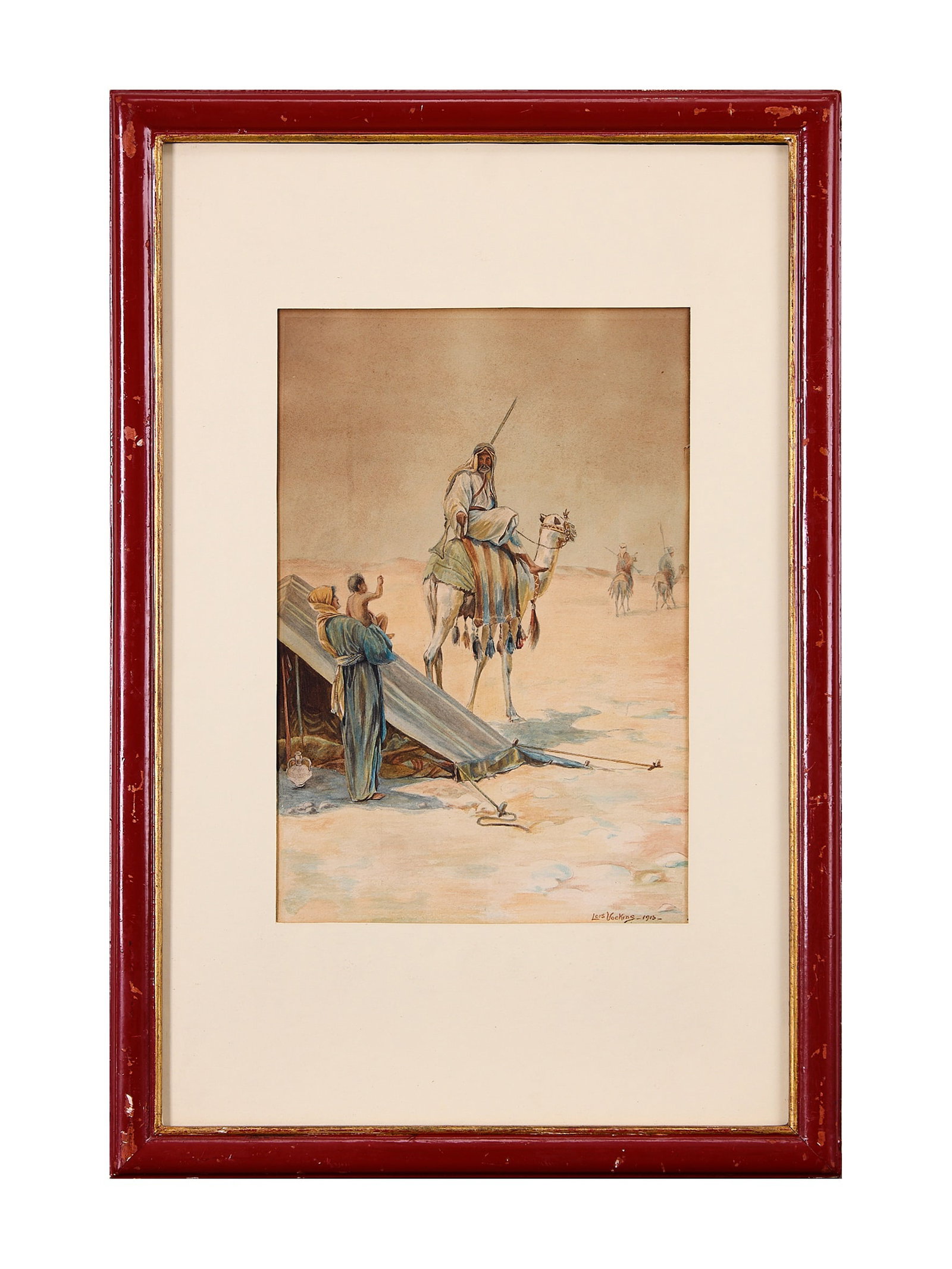 AN EARLY 20TH CENTURY ORIENTALIST PAINTING 'FAREWELL': AN EARLY 20TH CENTURY ORIENTALIST PAINTING 'FAREWELL' the watercolour depicting an Arab man riding a camel, waving goodbye to his wife and child, signed 'Lois Vockins 1913', in painted and glazed fram