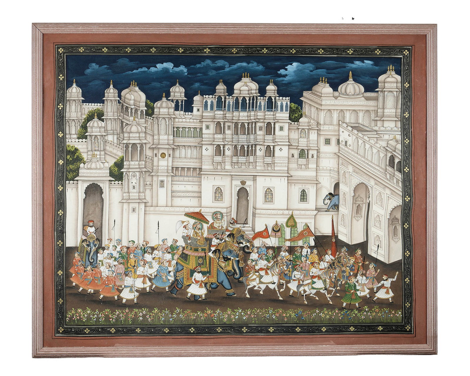 A LARGE INDIAN (RAJASTHANI) PAINTING OF A PROCESSION OF A MAHARAJA: A LARGE INDIAN (RAJASTHANI) PAINTING OF A PROCESSION OF A MAHARAJA with numerous figures, many on horses, some on elephants, with a huge ornate palace behind, within a painted foliate border, framed a