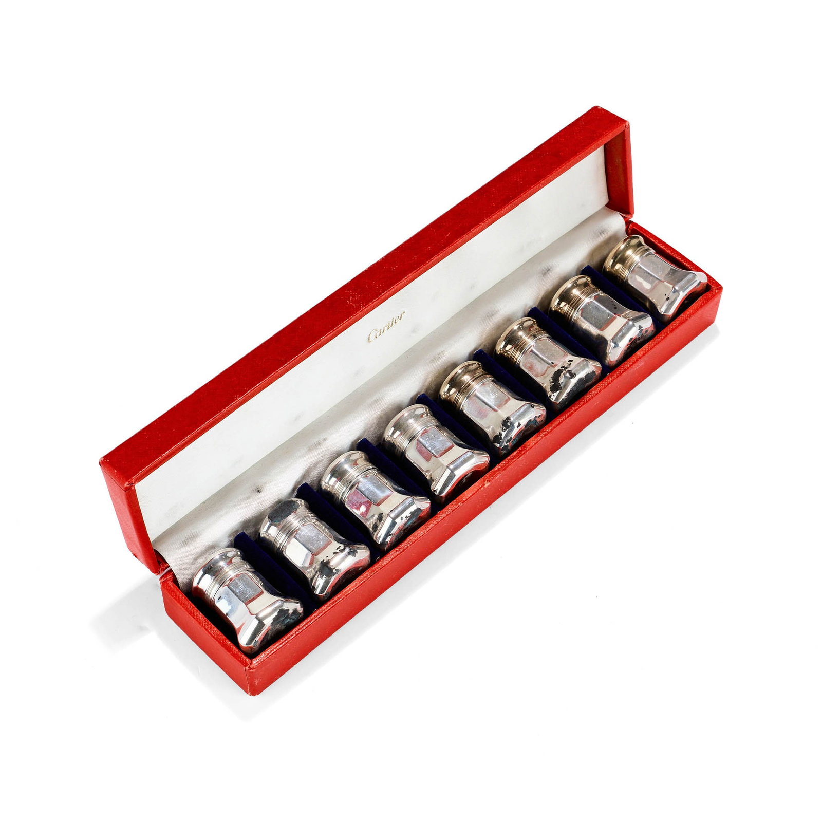 CARTIER: A SET OF EIGHT STERLING SILVER PEPPER POTS IN DISPLAY BOX (1 of 1)