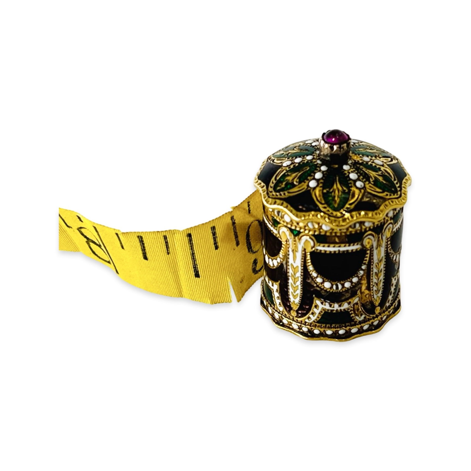 A FINE AND RARE 19TH CENTURY GOLD AND ENAMELLED TAPE MEASURE CASE (1 of 6)