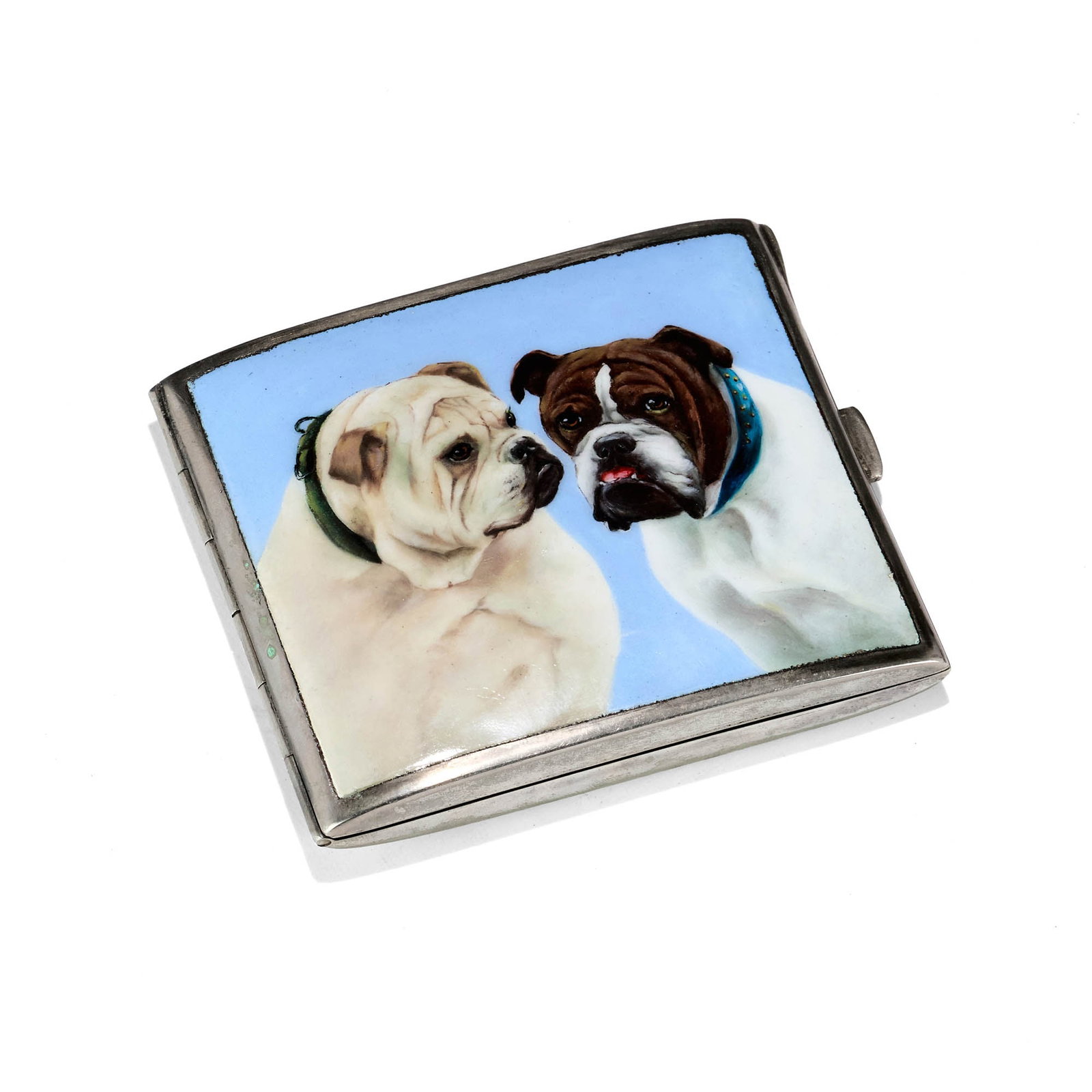 AN EARLY 20TH CENTURY GERMAN ENAMELLED CIGARETTE CASE PAINTED WITH DOGS: AN EARLY 20TH CENTURY GERMAN ENAMELLED CIGARETTE CASE PAINTED WITH DOGS the cover depicting a bulldog and a pug or mastiff on a blue ground, the interior marked 'ALPACCA', and gilded, 9cm wide