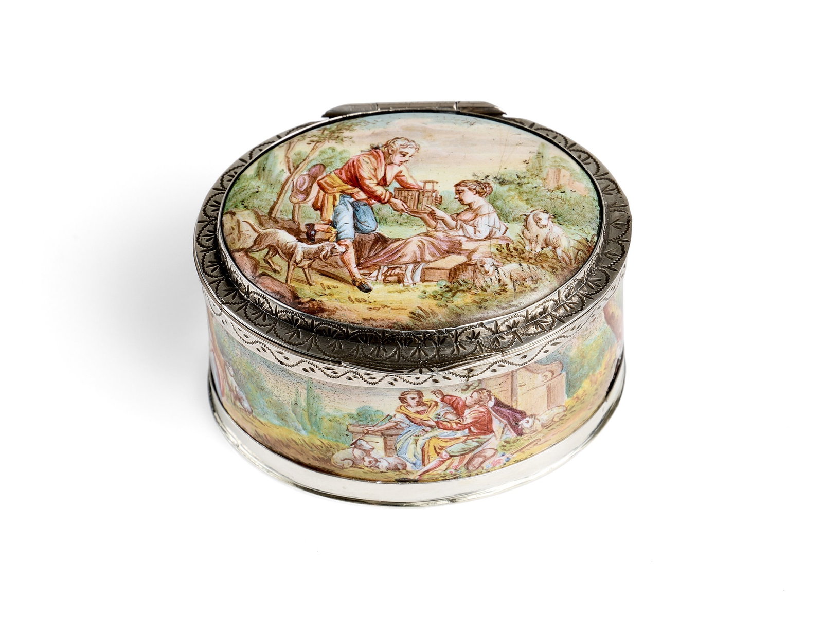 A 19TH CENTURY VIENNESE ENAMEL AND SILVER SNUFF BOX: A 19TH CENTURY VIENNESE ENAMEL AND SILVER SNUFF BOX of oval form, the hinged cover with a pastoral scene of lovers, the sides enamelled with various scenes of courting couples, the underside with an a