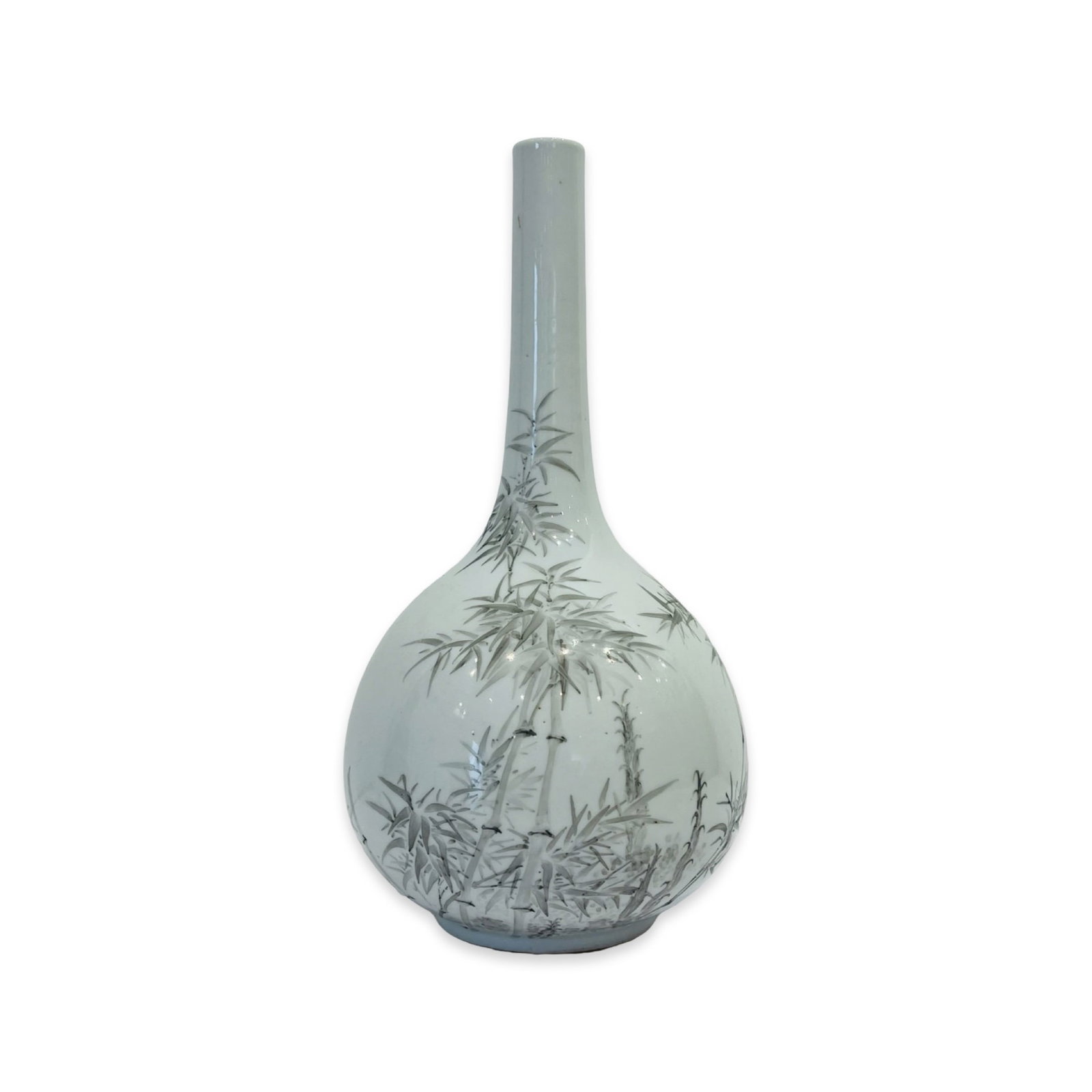 A CHINESE INK ENAMELLED PORCELAIN LONG NECKED VASE: A CHINESE INK ENAMELLED PORCELAIN LONG NECKED VASE decorated with bamboo on a white ground, unmarked, possibly Qianlong, 18th century 26cm high