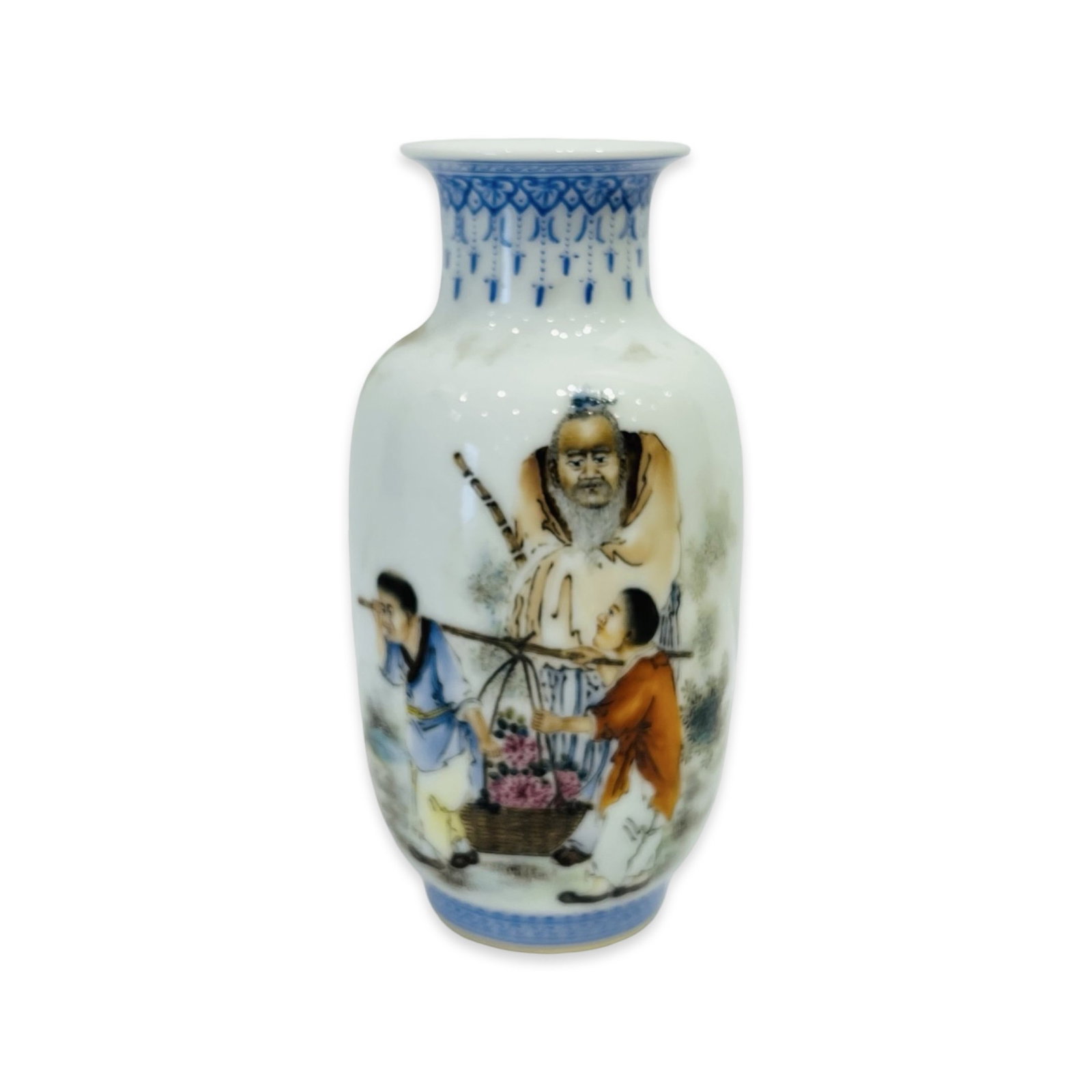 A CHINESE PORCELAIN BALUSTER VASE: A CHINESE PORCELAIN BALUSTER VASE depicting two men carrying a basket of flowers, an elder in the background, on white ground with blue border to neck, with Qianlong mark to underside, together with a