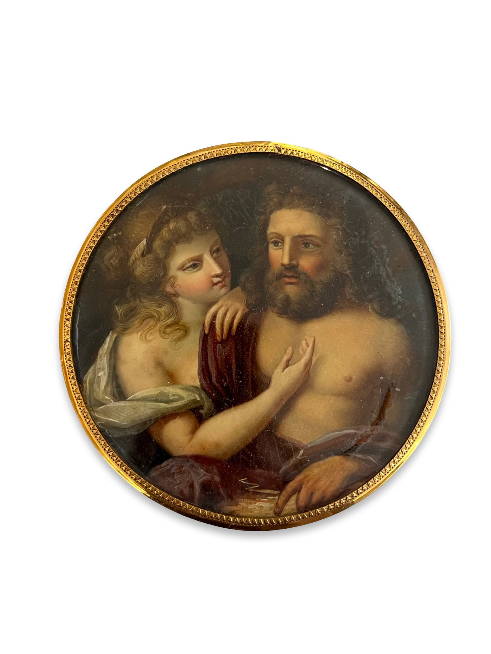 A 19TH CENTURY TORTOISESHELL AND GOLD MOUNTED PAINTED MINIATURE SNUFF BOX: A 19TH CENTURY TORTOISESHELL AND GOLD MOUNTED PAINTED MINIATURE SNUFF BOXPossibly Swiss, the snuff box of circular form, the top with painting on ivory depicting Mars and Venus in classical robes,9.5c