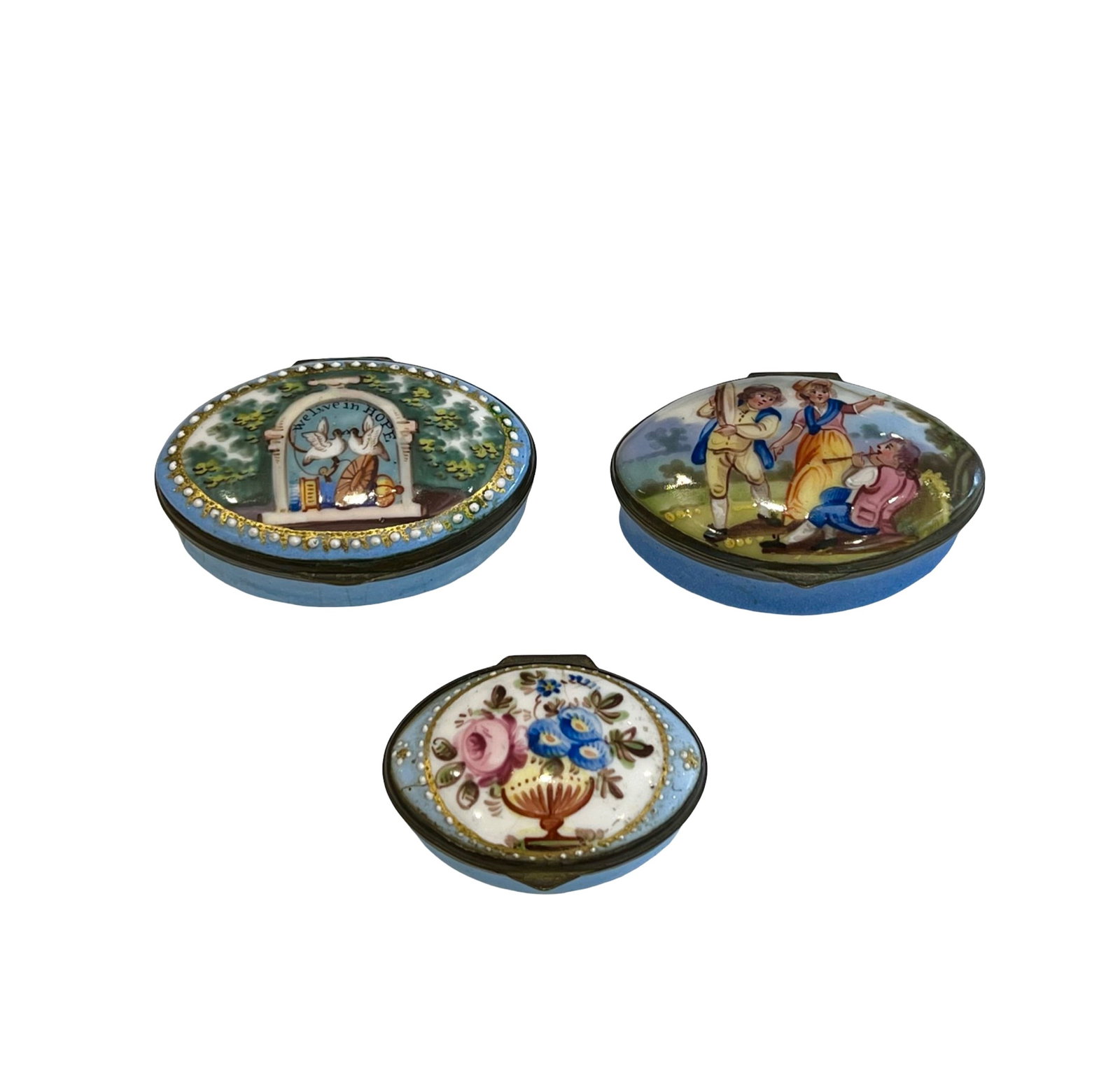 THREE 18TH CENTURY BILSTON ENAMEL BLUE PATCH BOXES (1 of 6)