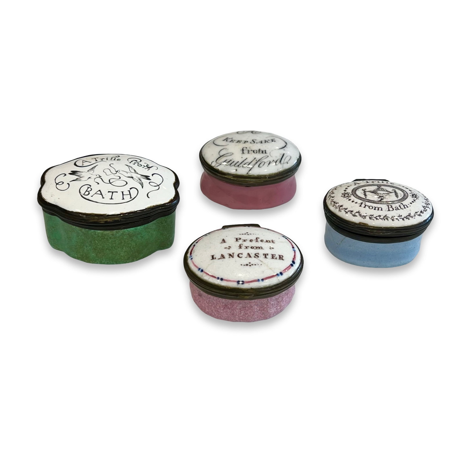 THREE 18TH CENTURY BILSTON ENAMEL SOUVENIR PATCH BOXES AND ANOTHER (1 of 4)