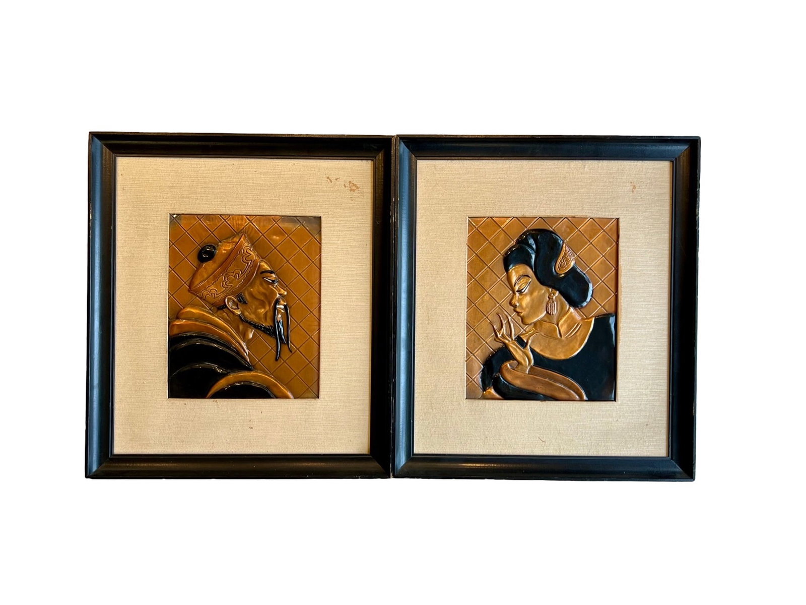 A PAIR OF COPPER PANELS DEPICTING A CHINESE LADY AND MAN BY COPPERCRAFT OF HOLLYWOOD: A PAIR OF COPPER PANELS DEPICTING A CHINESE LADY AND MAN BY COPPERCRAFT OF HOLLYWOOD framed, with labels verso, 'original creation by Coppercraft of Hollywood,', 51cm x 45cm