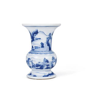 A BLUE AND WHITE 'LANDSCAPE AND FIGURE' VASE Period of Kangxi, Qing Dynasty: 21.2 cm Height