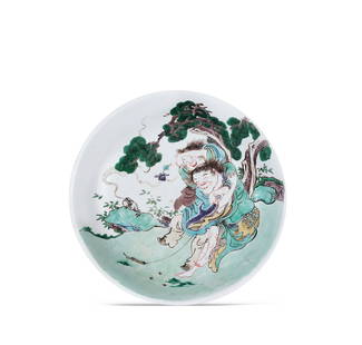 A LAGER WUCAI 'FIGURES' DISH Period of Kangxi, Qing Dynasty: 34 cm Diam.