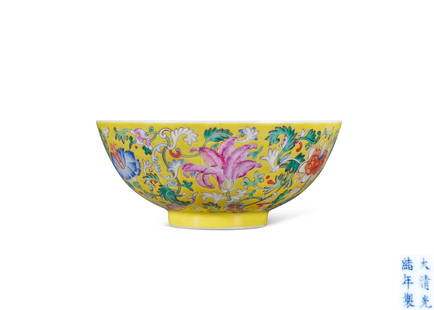 A YELLOW-GROUND FAMILLE-ROSE 'FLOWERS' BOWL Mark and Period of Guangxu, Qing Dynasty: 17.1 cm Diam.