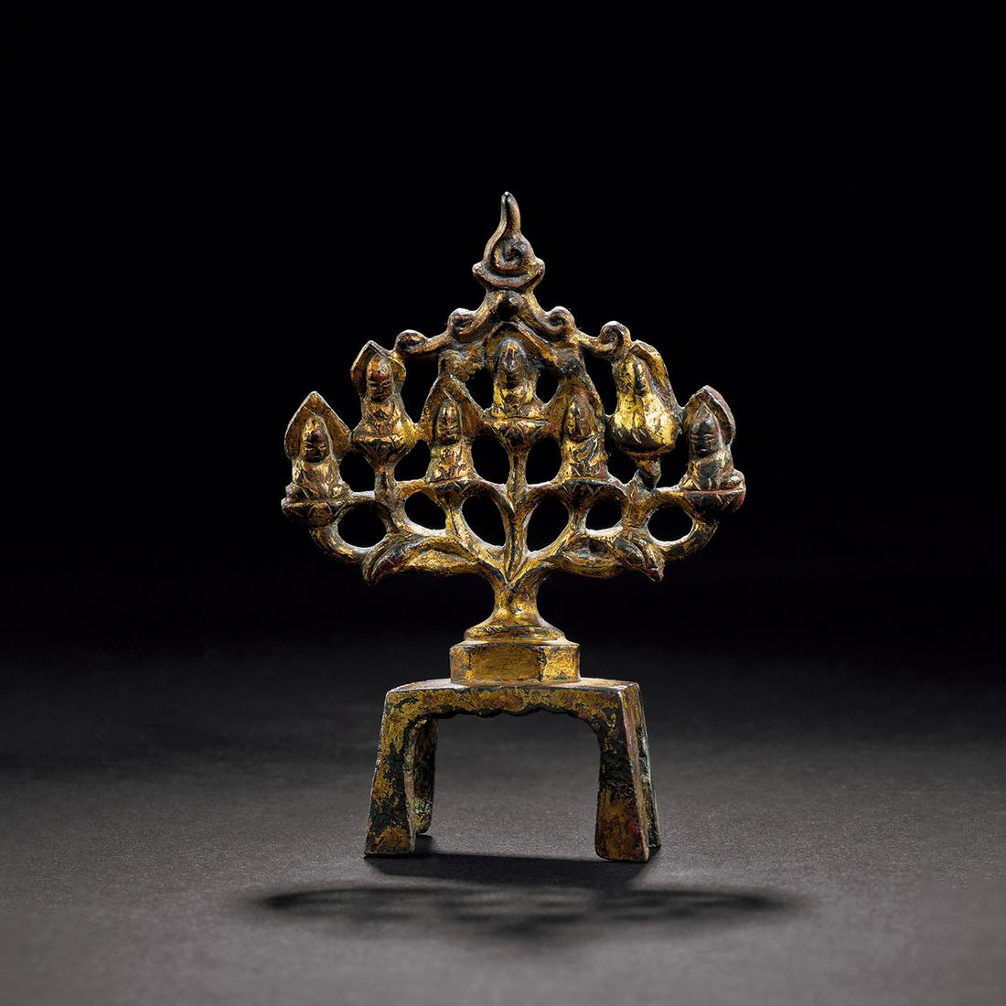 SEVEN BUDDHAS Tang Dynasty China Gilt Copper (1 of 1)