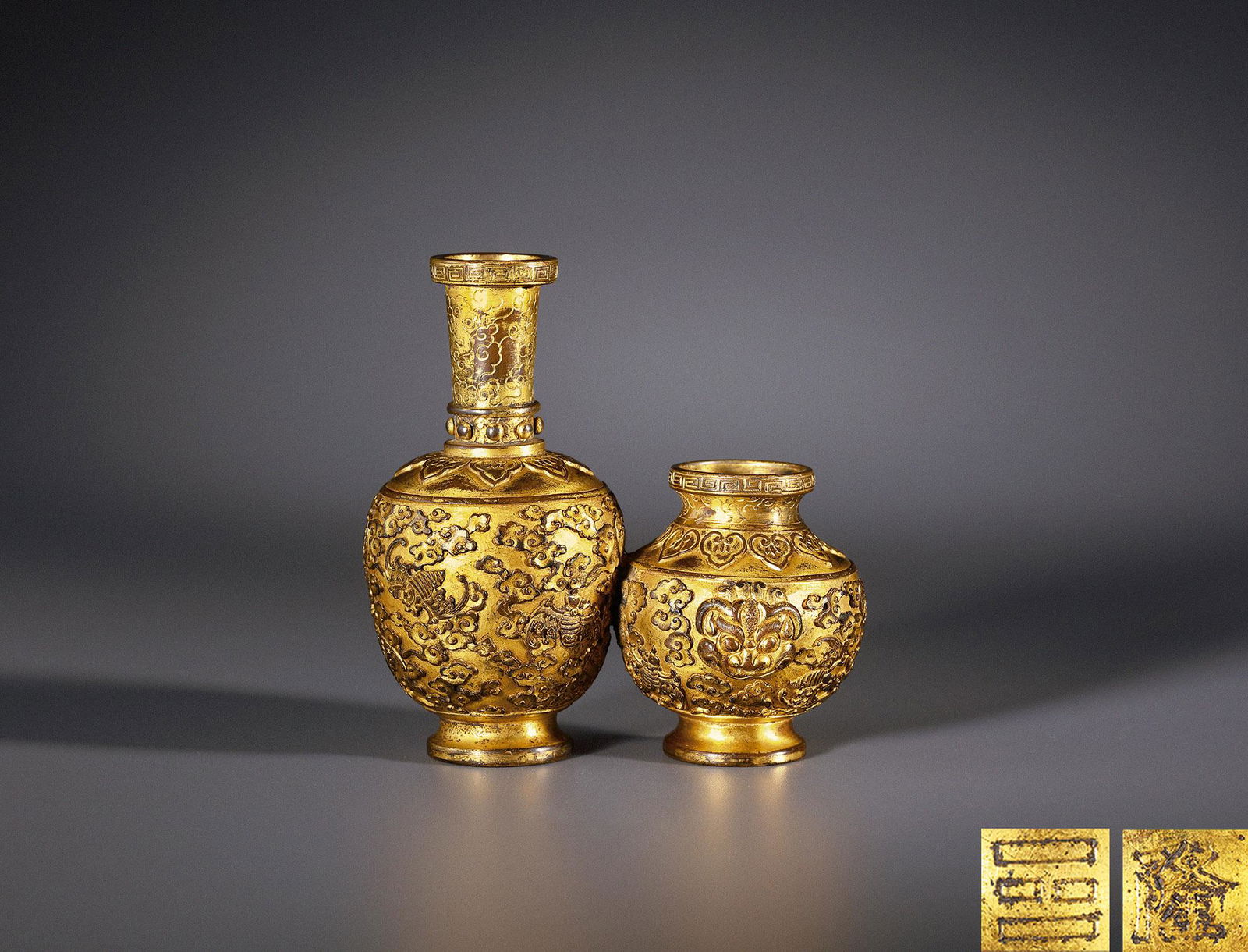 A GILT COPPER 'BAT' CONJOINED VASE Mark and Period of Qianlong, Qing Dynasty (1 of 2)